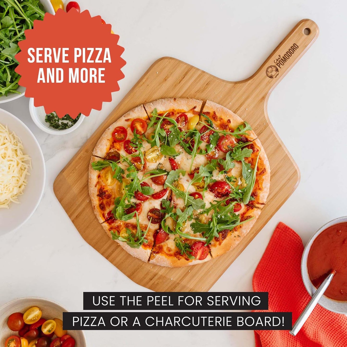 Chef Pomodoro 12-inch Bamboo Pizza Peel, Wooden Pizza Peel 12 Inch, Homemade Wood Pizza Peel with Handle, Pizza Oven Accessories, Spatula Gourmet