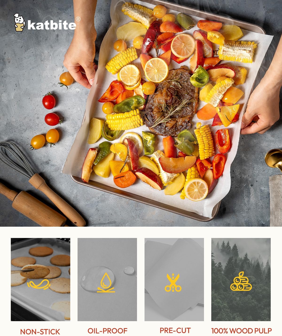 Katbite Parchment Paper, Heavy Duty 12x16 inches Baking Paper, 300 Sheets Oil-proof and Non-stick Parchment Paper Sheets Perfect for Air Fryer, Grilling,Cooking and Wrapping [Advanced Series]