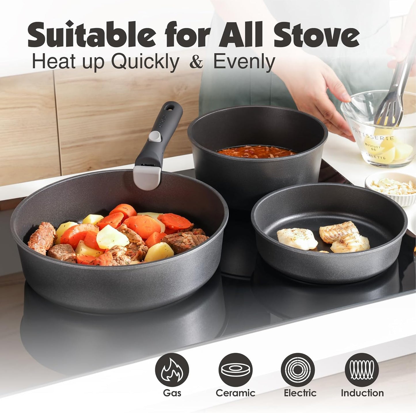 SENSARTE 24 Piece Pots and Pans Set, Nonstick Detachable Handle Cookware, Induction Kitchen Cookware Set with Removable Handle, Healthy Non Stick for RV, Dishwasher＆Oven Safe (Black)