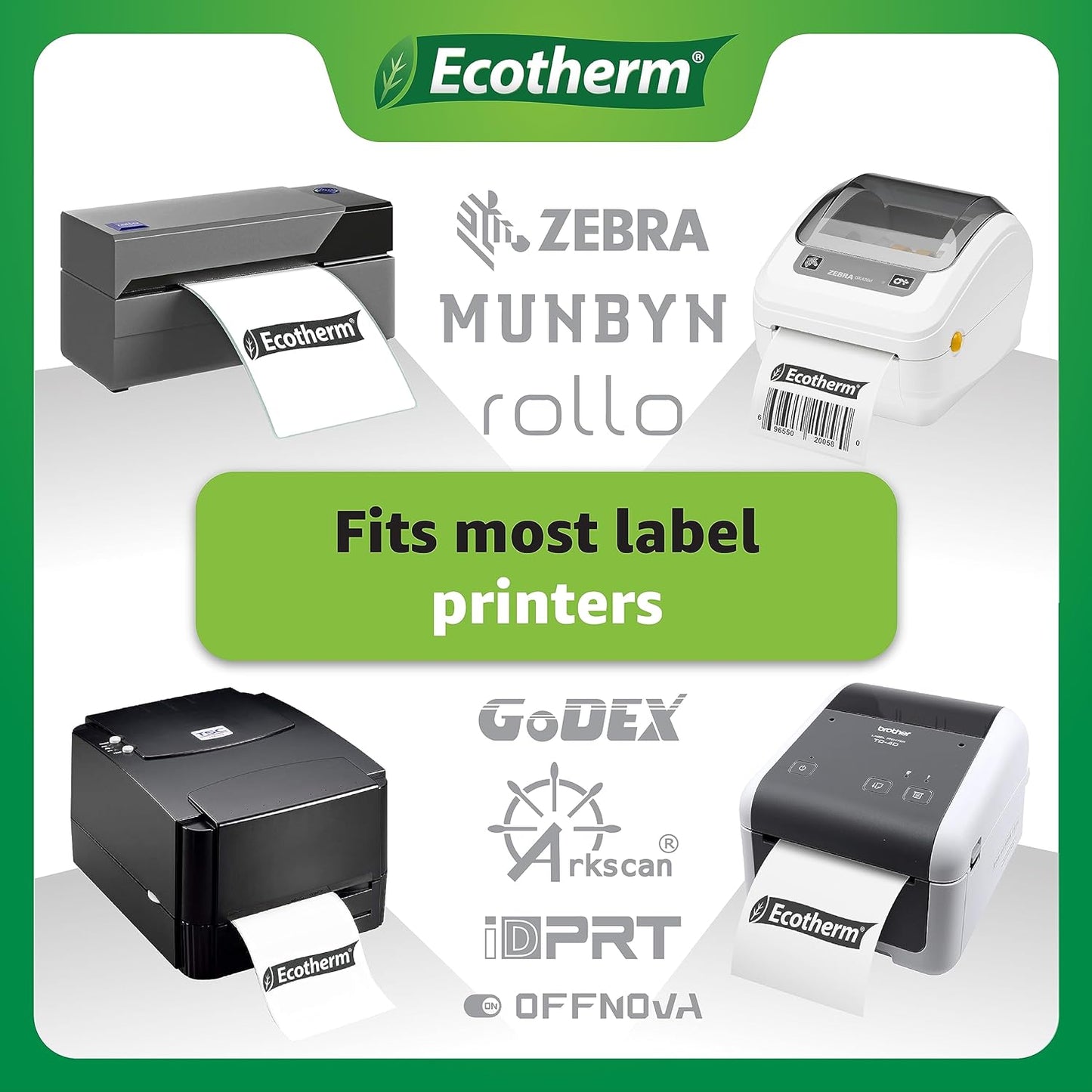 2.25" x 2.5" Thermal Labels | 4 Rolls | 2400 Labels | fits Zebra, Munbyn, Rollo, Godex, Arkscan, iDPRT, Offnova Thermal Label Printers and More | Blank White Adhesive Stickers by Ecotherm