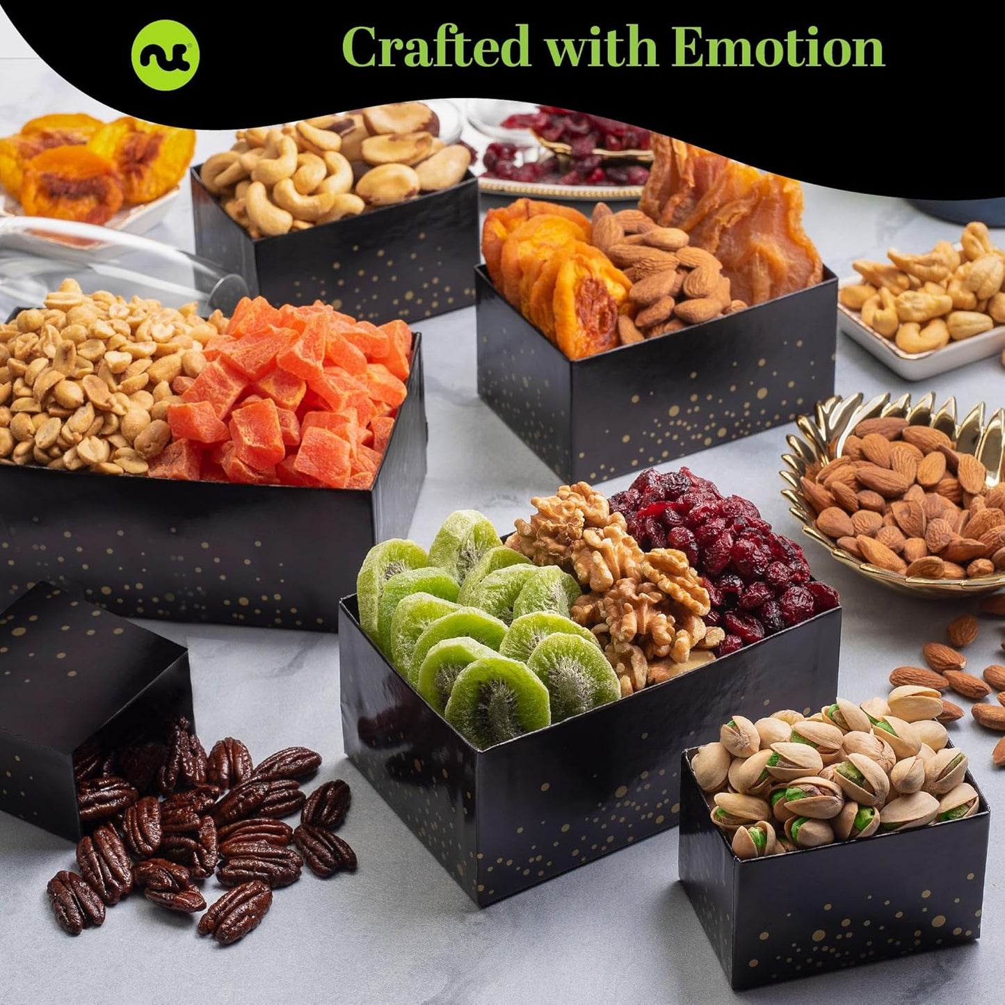 NUT CRAVINGS Gourmet Collection - Get Well Soon, Nuts & Dried Fruits Tower Gift Basket with Get Well Soon Ribbon (12 Assortments) Food Arrangement, Healthy Snack Care Package, Food Assortments