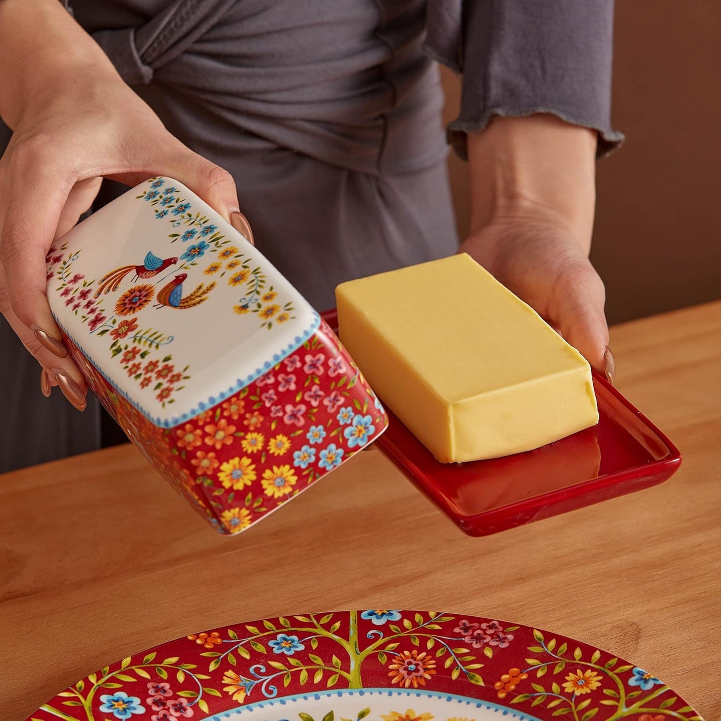 Bico Red Spring Bird Ceramic Butter Dish with Lid, Wide Butter Keeper for Counter, Kitchen Countertop, Microwave and Dishwasher Safe