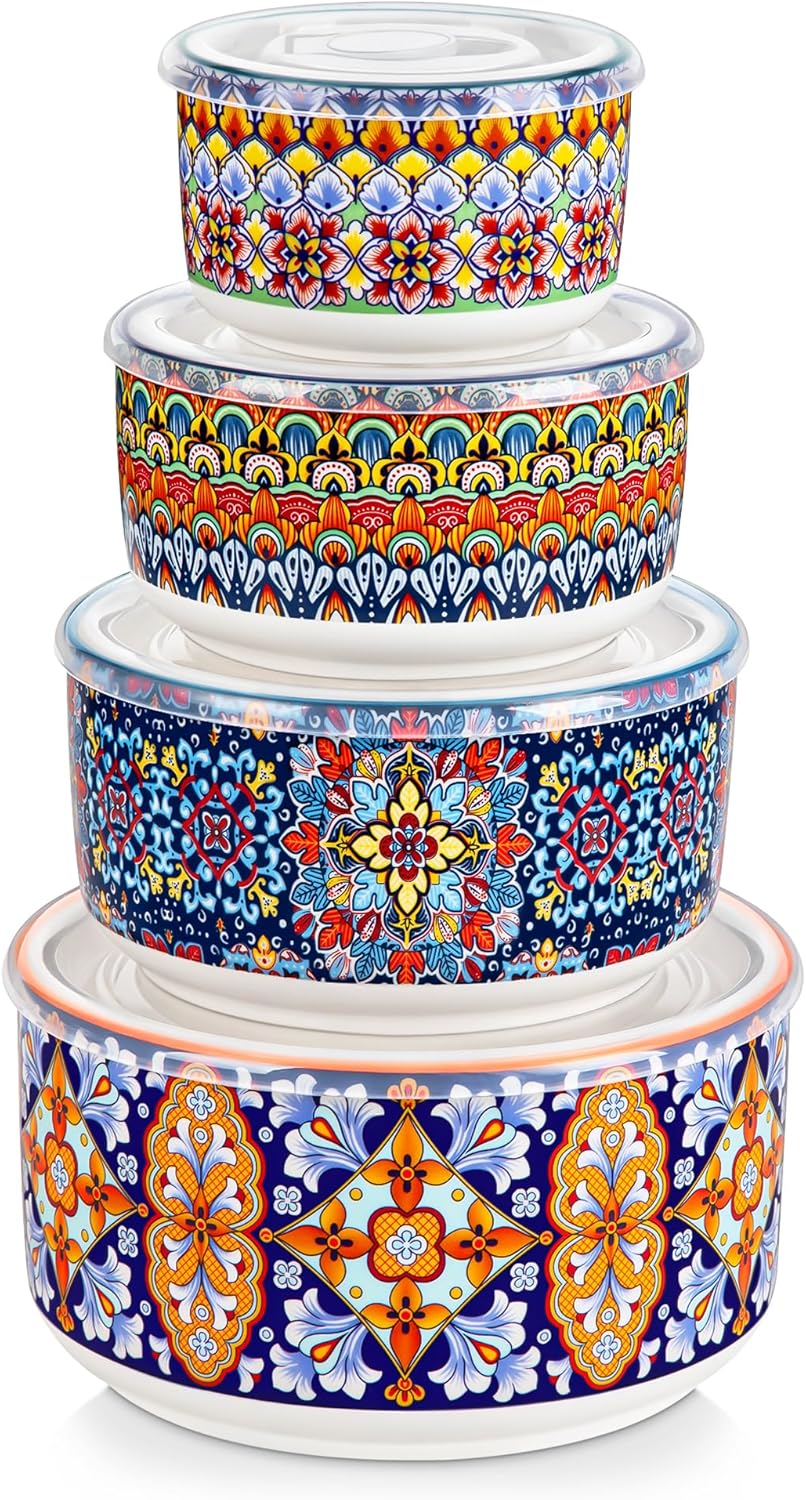 vancasso Mixing Bowls with Lids Set of 4, Ceramic Nesting Bowls Serving Bowl for Food Storage, Microwave and Dishwasher Safe, 60/36/20/10 OZ, Series SIMI
