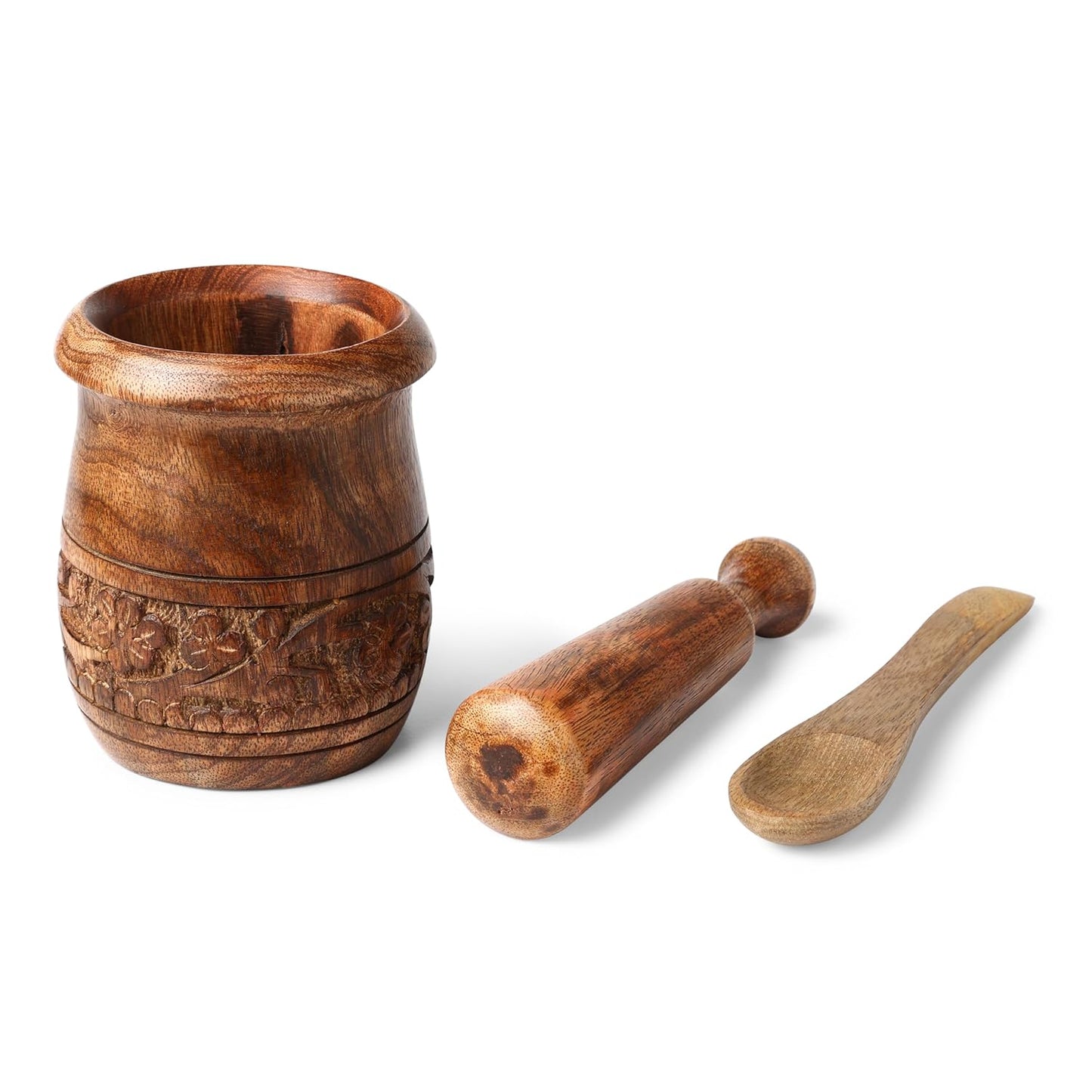 GoCraft Wooden Carved Mortar and Pestle | Grinder for Herbs, Spices and Kitchen Usage, Natural Mango Wood Engraved | Handmade Mortar and Pestle - 3.5 in
