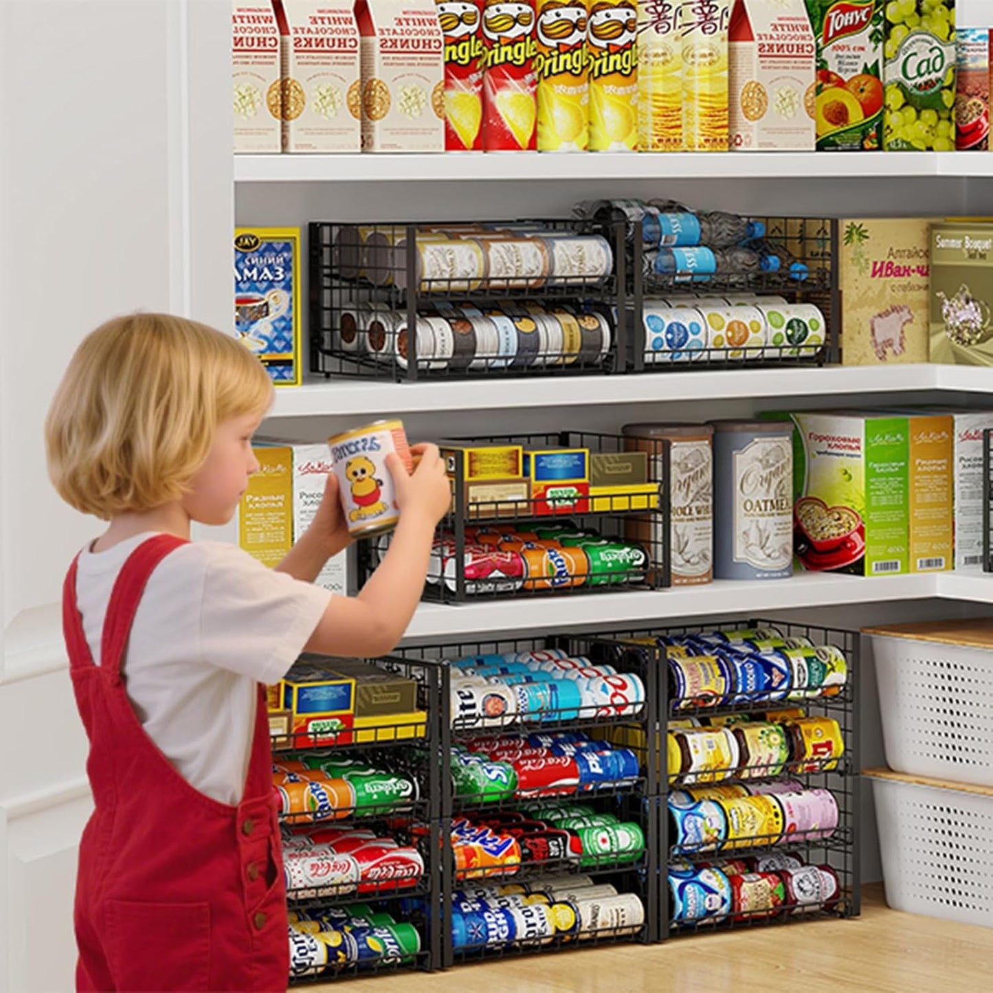 2 Pack Stackable Can Organizer for Pantry, Adjustable Can Holder Rack for Canned Food Soda Drink Goods Storage up to 60 Cans Storage, 2-Tier, Black