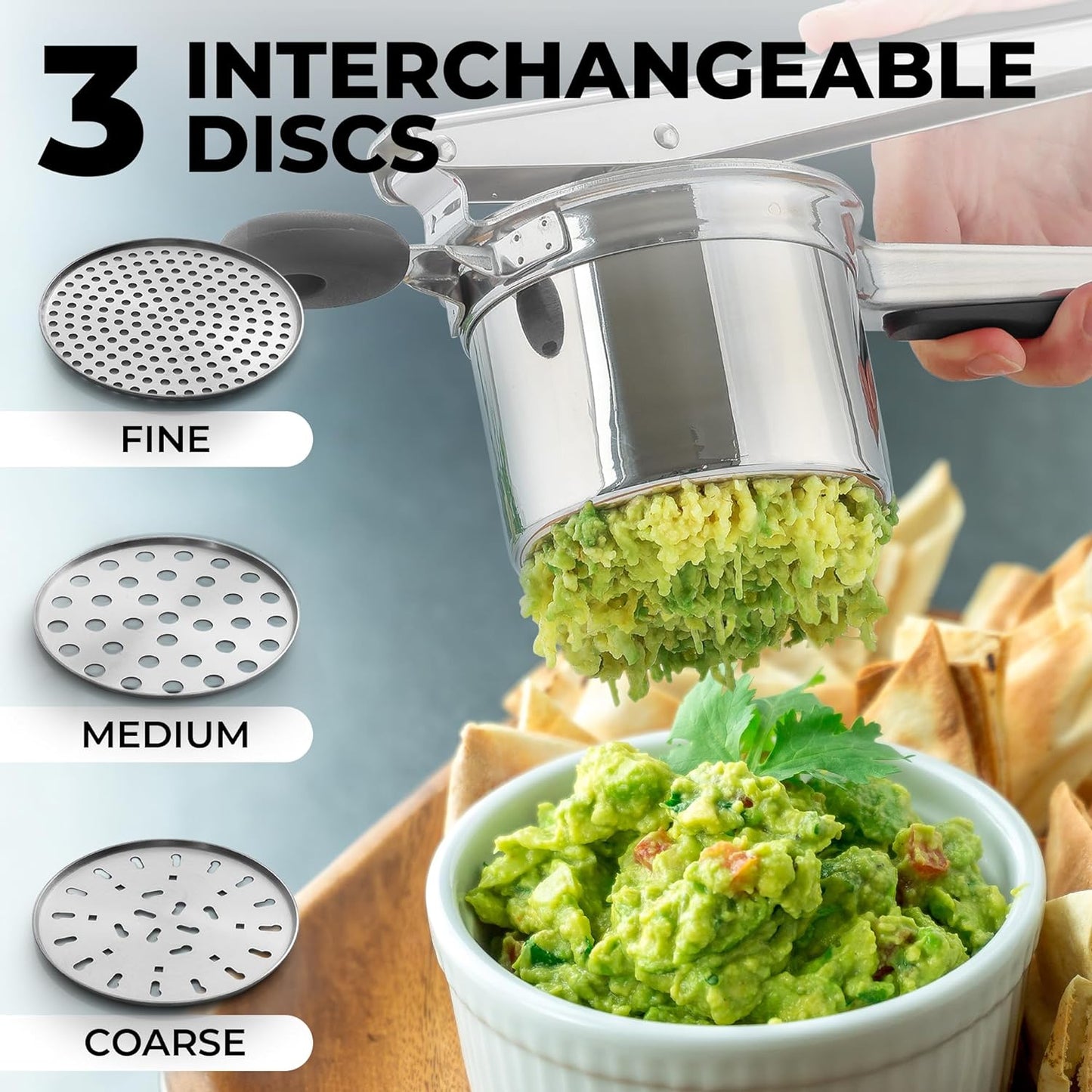 Zulay Kitchen Premium Large 15oz Potato Ricer With 3 Interchangeable Discs, Heavy Duty Professional Stainless Steel Potato Masher and Ricer Kitchen Tool, Press and Mash Kitchen Gadget