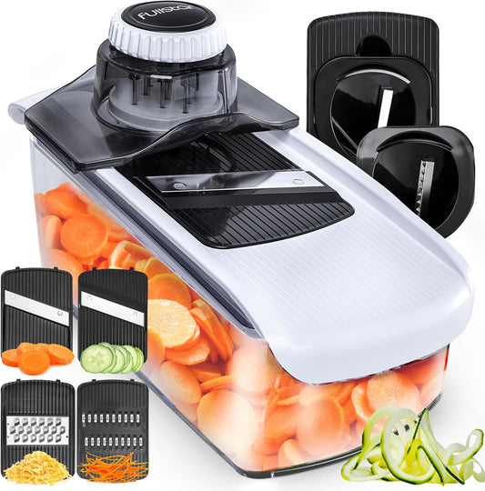 Fullstar Mandoline Slicer for Kitchen, Fruit Cutter, Cheese Grater, Cucumber Slicer, Veggie Spiralizer, Food Cutter & Kitchen Gadgets with Safety Glove (6 in 1, White)