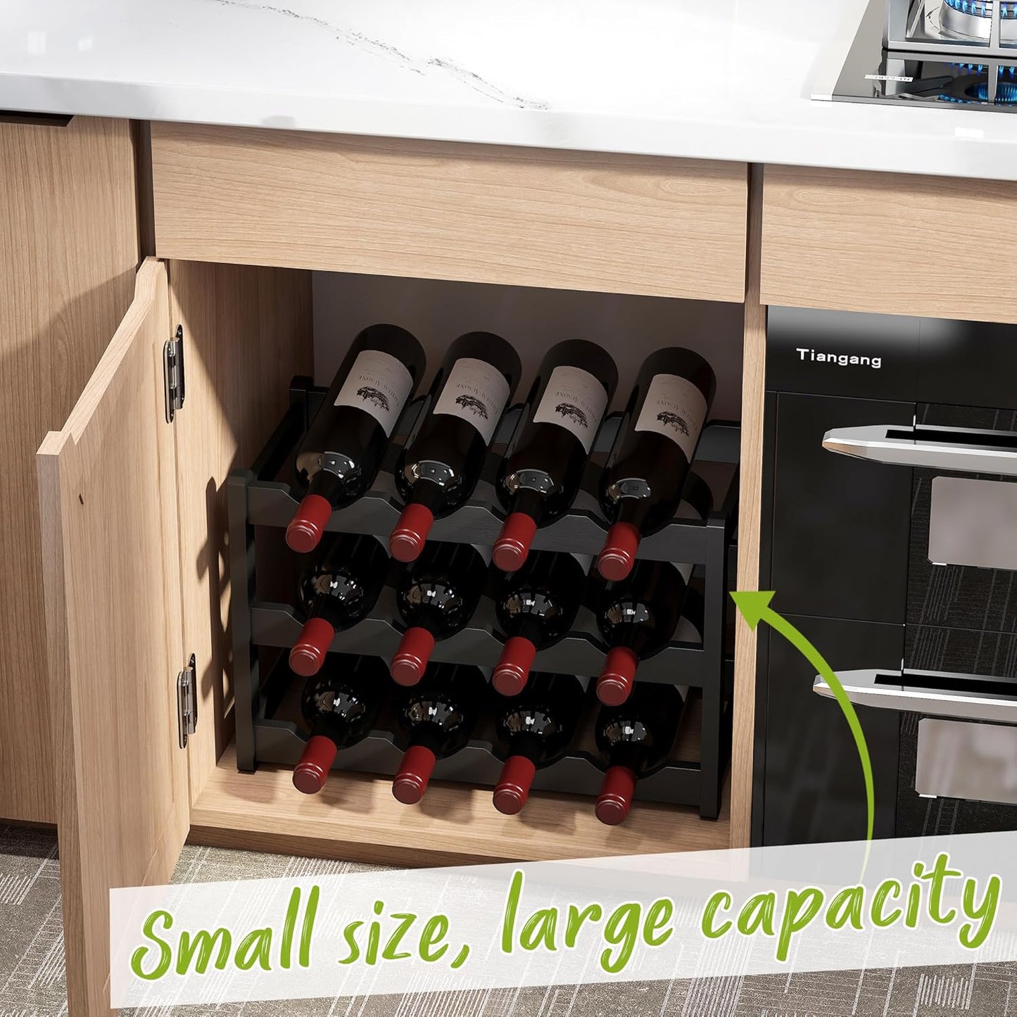 BMOSU Bamboo Wine Rack Wine Storage Cabinet Shelf 12 Bottle Wine Racks Countertop Sturdy for Kitchen Dining Room Pantry - 3 Tiers Wine Rack (Black)
