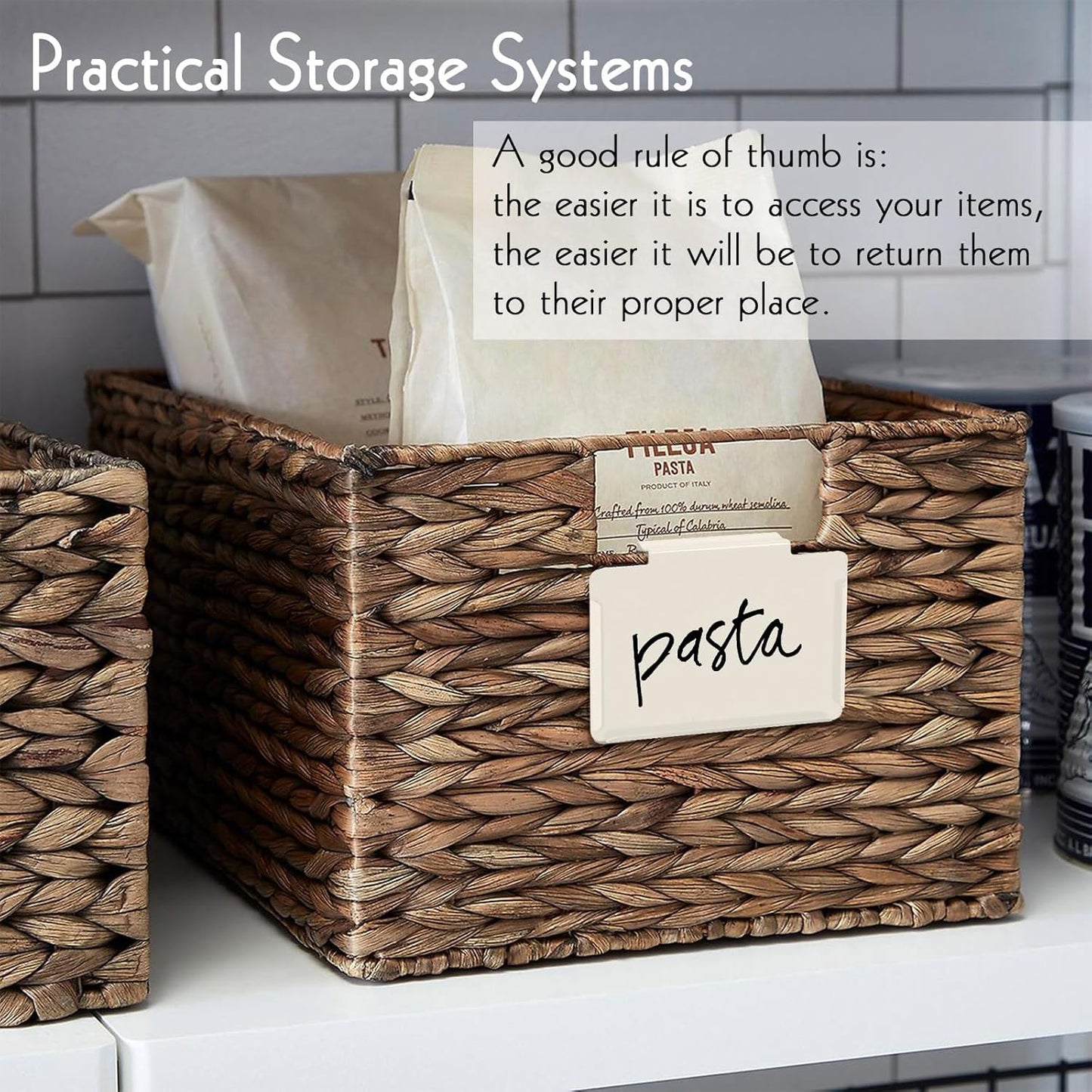 Basket Labels Clip on | Label Holders for Basket or Storage Bins Includes White Chalk Markers (8 Cream Holders + 2 Black Chalk Makers)
