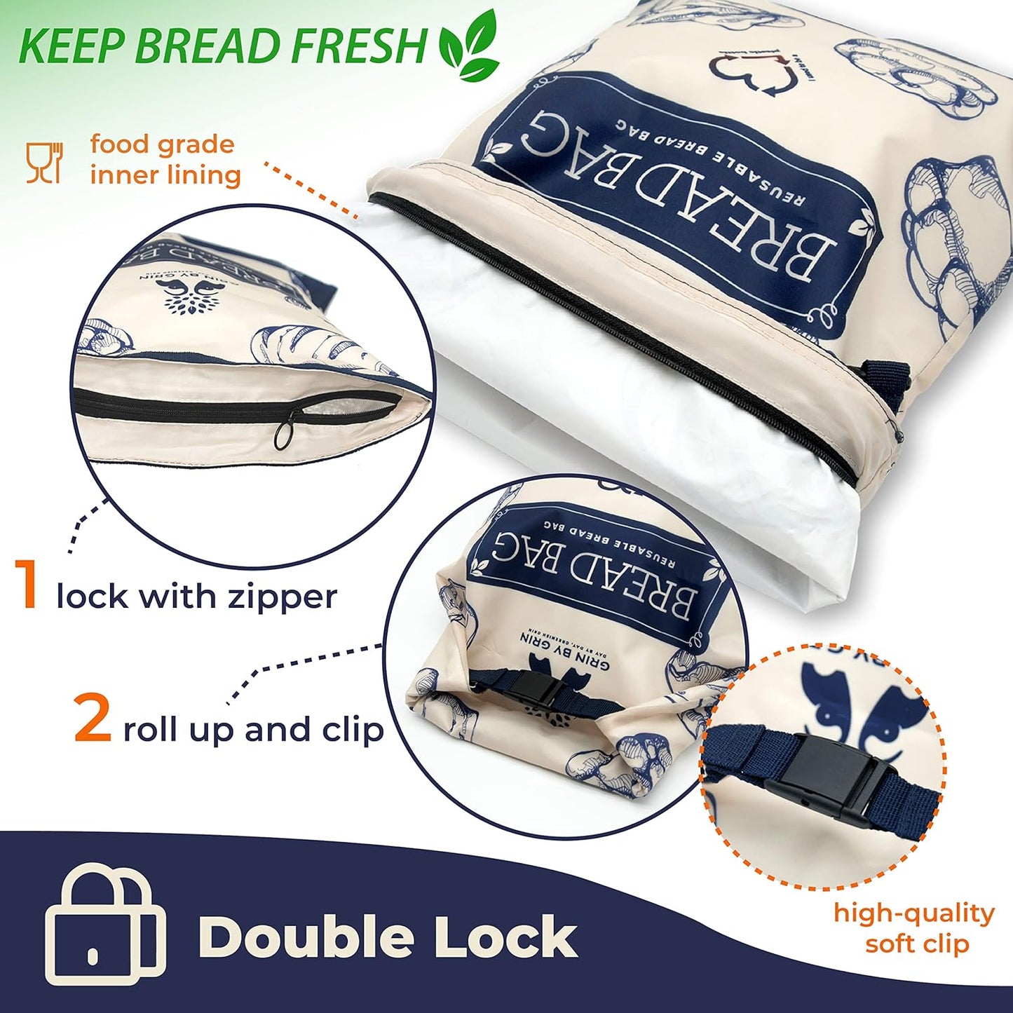 GRIN BY GRIN- 2 Packs Bread Bags, Zipper Reusable Bread Bags for Homemade Loaf, Freezer Sourdough Container, Fresh Keeping Extra Large, Reusable Food Storage Bag