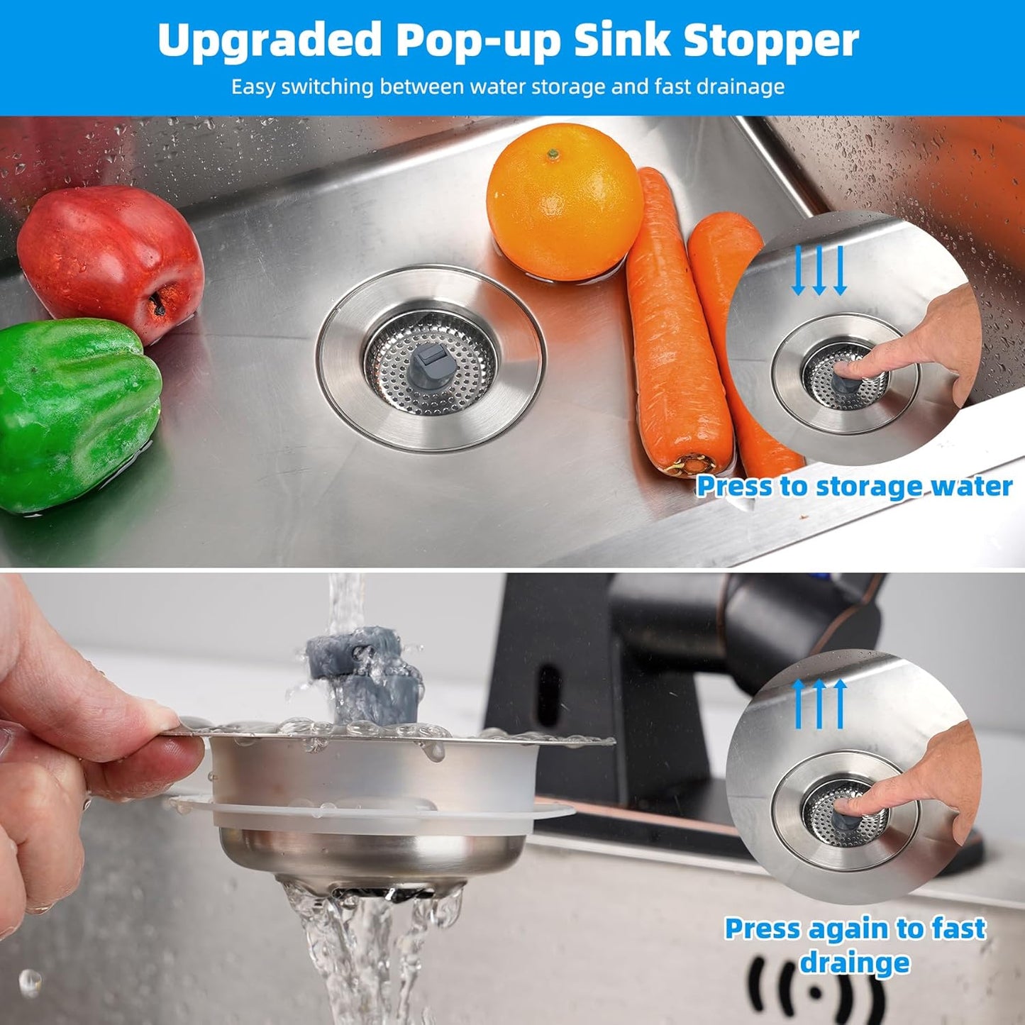 Hibbent 2 Pack 3 in 1 Kitchen Sink Drain Strainer, Stainless Steel Wrapped Shell Drain Stopper Combo, Pop Up Sink Stopper, Anti-Clogging Metal Basket Strainer with Handle for US Standard 3-1/2" Drain
