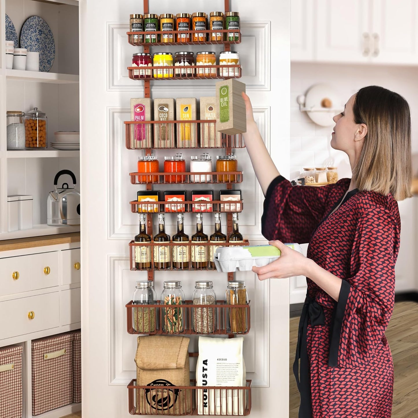 Moforoco Over The Door Pantry Organizer, Pantry Door Organizer Shelves, Kitchen Organizers and Storage, Hanging Basket Wall Spice Rack Seasoning Shelves, Laundry Room Bathroom accessories（Brown ）