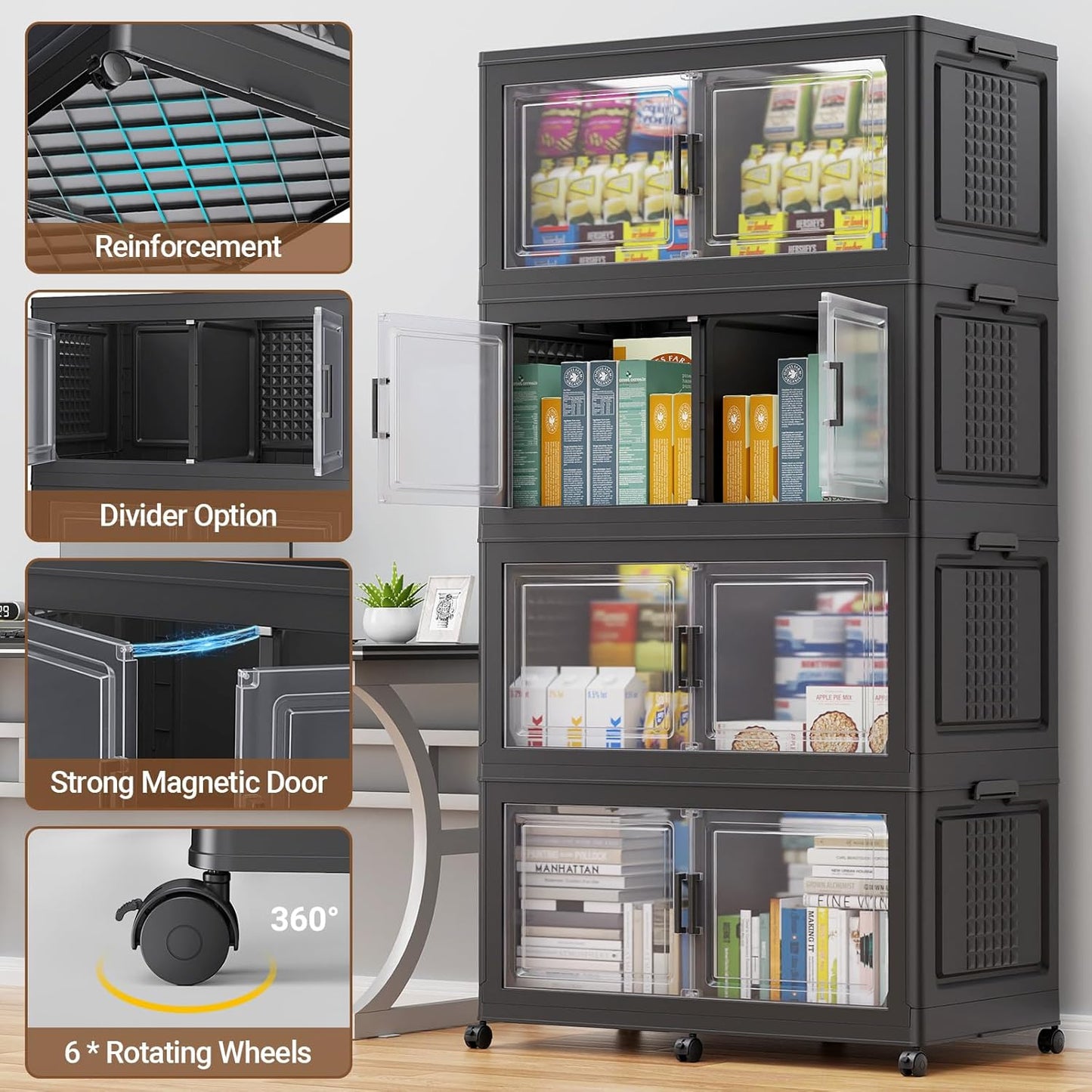 52.7"H 150Gal Plastic Storage Bins with Lid & Wheels,3Pack Extra Large Stackable Storage Bins with Dividers,Closet Organizers and Storage Cabinet Shelves Collapsible Box for Home Kitchen,Black