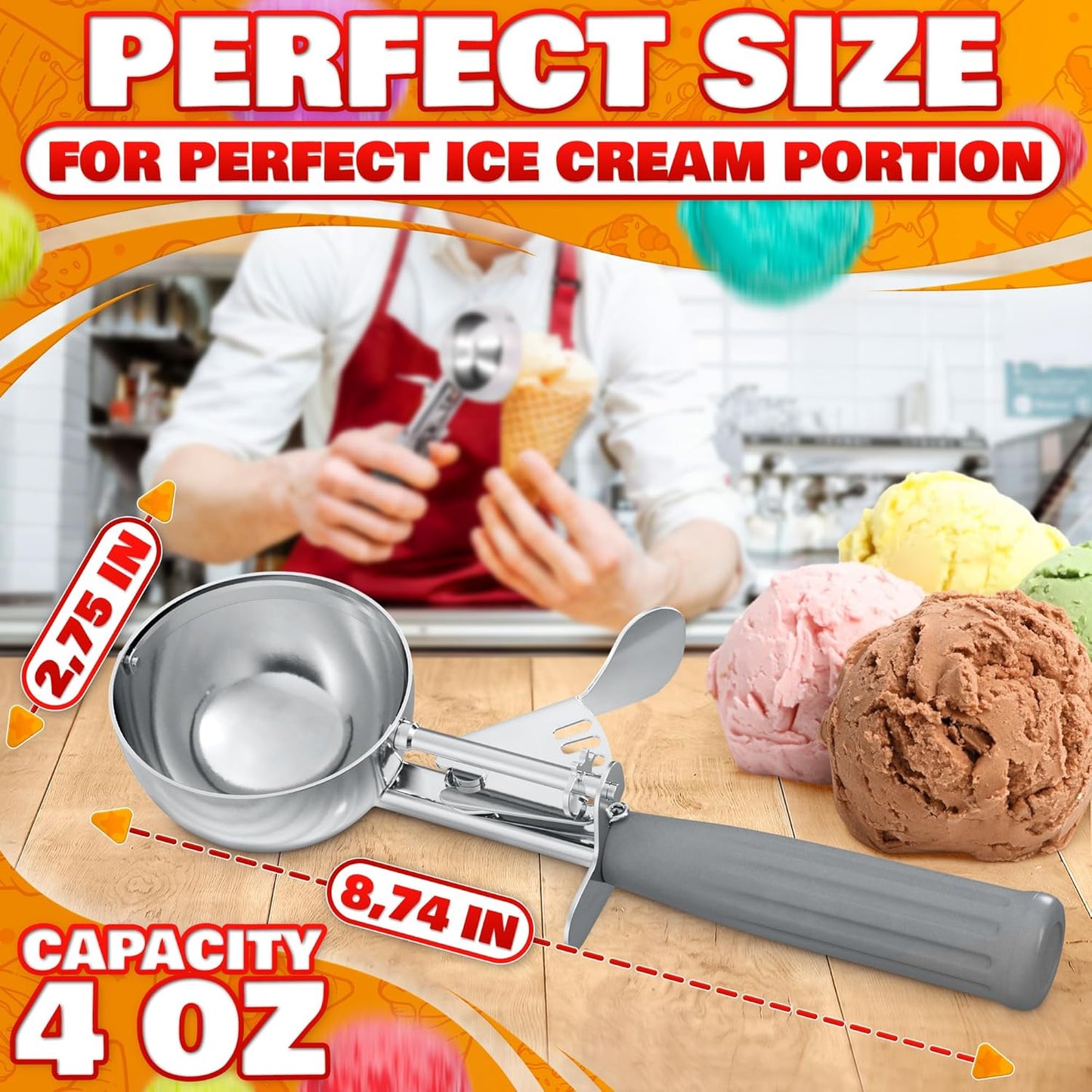 4 oz Ice Cream Scoop with Trigger Release #8 – Stainless Steel Versatile Tool for Baking, Cookies and Desserts Spoons, Easy-to-Clean, Dishwasher-Safe, Ergonomic Design for Precise Culinary Portions