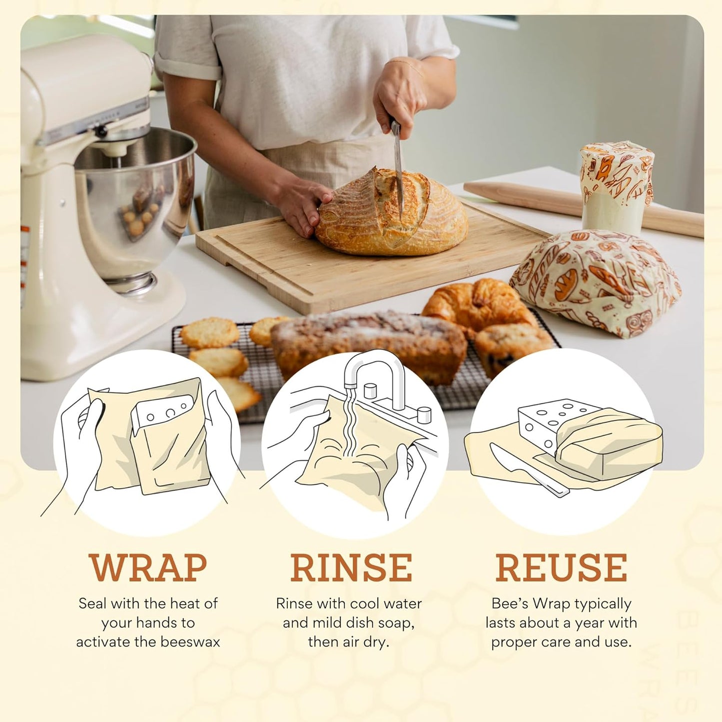 Bee's Wrap Beeswax Wraps for Food - Bakery Lane Cut to Size 14x52" Wax Paper Roll - Made in USA Reusable Waxed Paper & Bowl Covers - Organic & Eco-Friendly Alternative to Aluminum Foil & Plastic Wrap