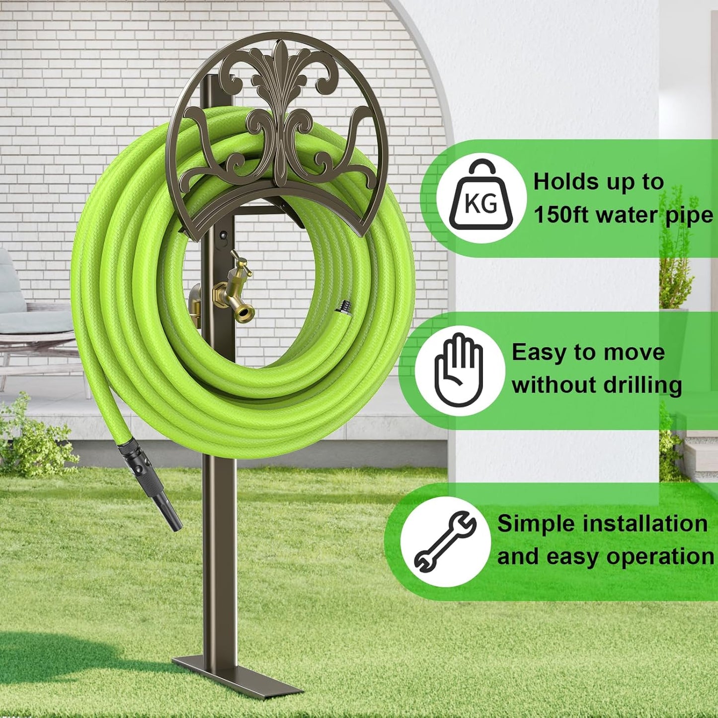GOFORWILD Garden Hose Stand with Brass Faucet, Detachable Heavy Duty Water Hose Holder, Freestanding Metal Hose Reel Decorative Storage Hanger Holds 150-Feet Hose for Outside Patio Lawn Yard
