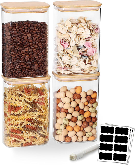 Glass Food Storage Containers with Lids 50 OZ, Set of 4 Canisters for Pantry, Cereal, Flour & Rice, Rectangle Jar with Bamboo Airtight Lids - Ideal for Kitchen Organization