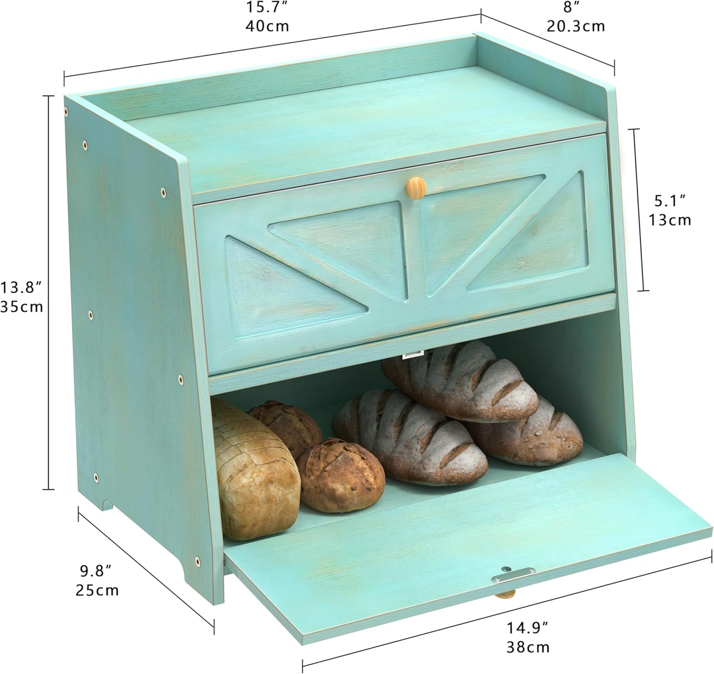Vintage Double Layer Bread Box for Kitchen Counter Bamboo Bread Storage Container Large Capacity Bread Storage Bin (Antique Blue)