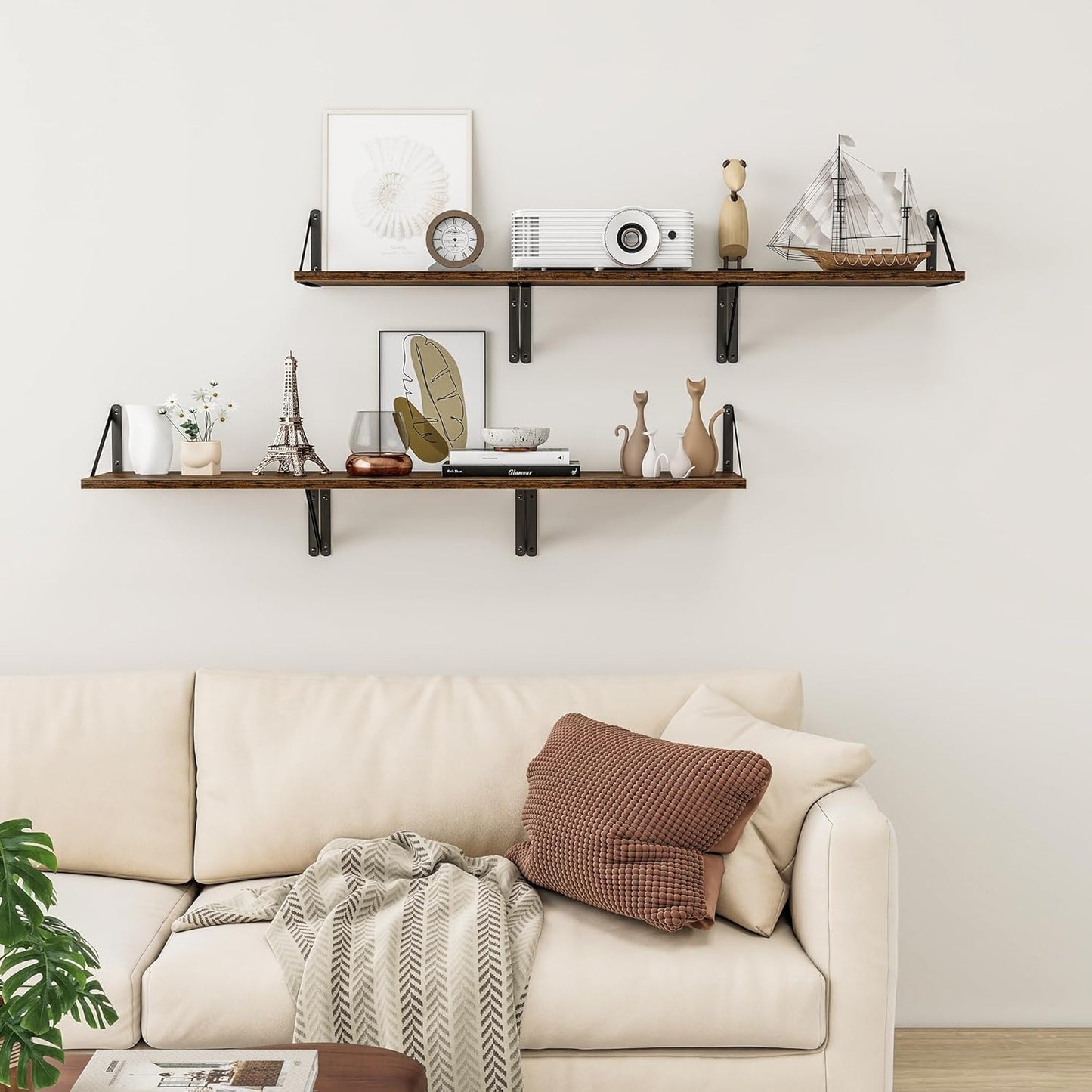 Heimlove Deep Floating Shelves for Wall, 12 Inch Deep Floating Shelves Set of 3, 16W x 12D Wood Wall Shelves, Wide Shelves with Metal Bracket for Living Room, Kitchen, Office, Bedroom - Rustic Brown