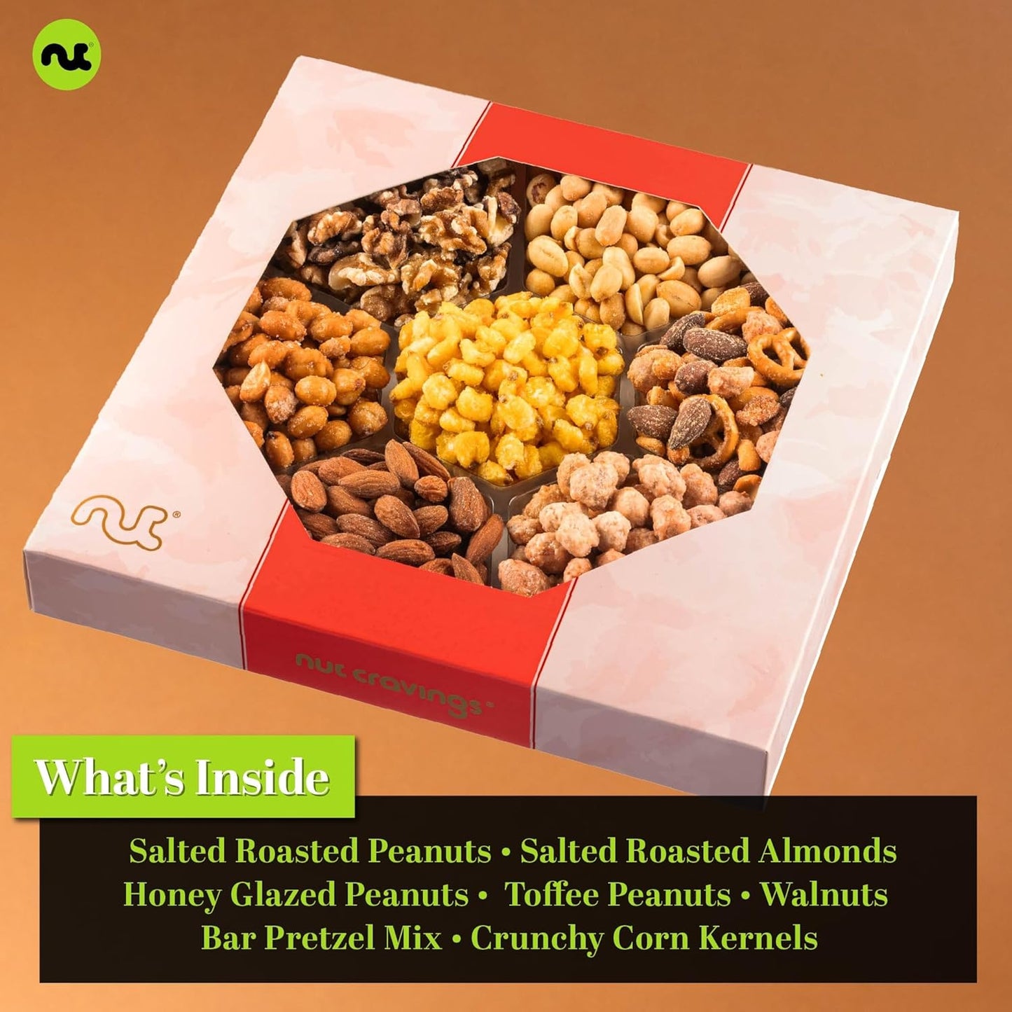NUT CRAVINGS - Mixed Nuts Gift Basket in Red Gold Classic Box (7 Assortments, 1 LB) Food Arrangement, Healthy Snack Care Package, Food Assortments