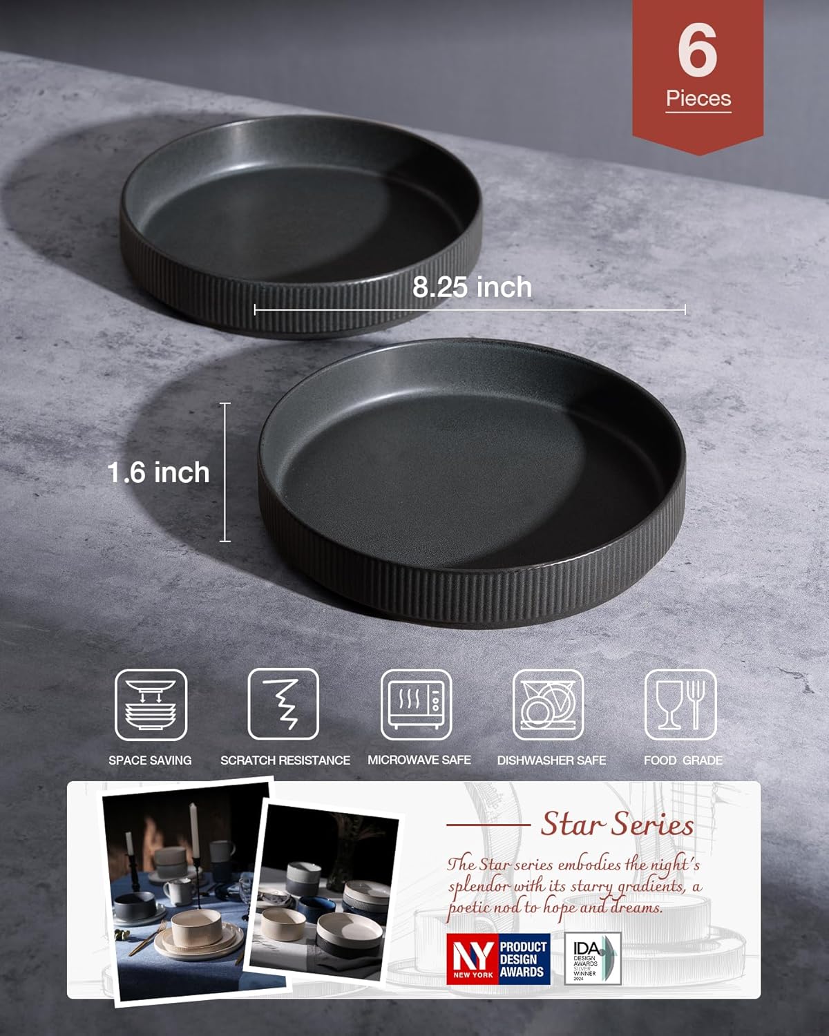 famiware Star 8.25" Pasta Bowls, Large Dinner Bowls Set of 6, Salad Bowl Plates, Shallow Bowls for Eating, Matte Dark Charcoal (Full Glaze)