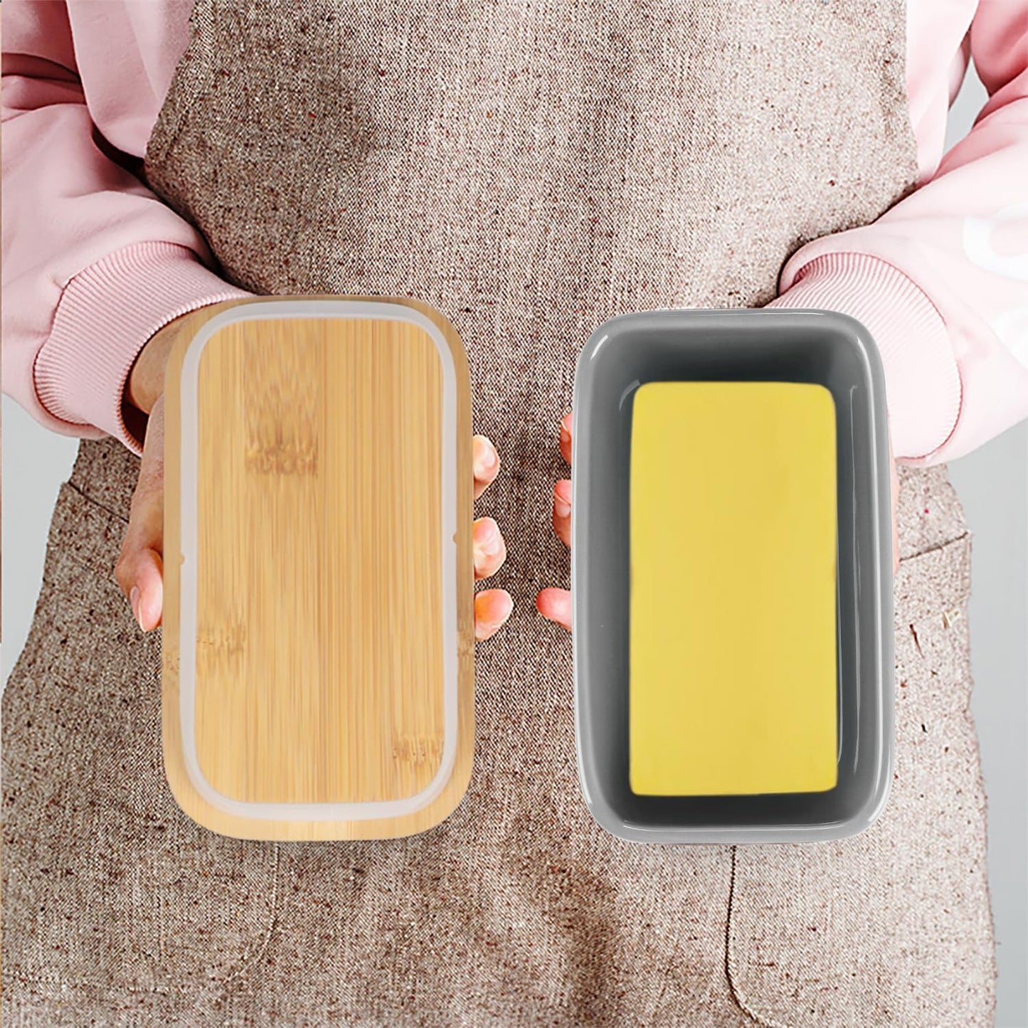 Ceramic Butter Dish with Wooden Lid, Large Butters Container Keeper Storage with Stainless Steel Knife Spreader, Bamboo Cover and Silicone Sealing Ring for West East Coast, Grey