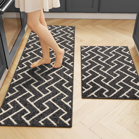 hicorfe Kitchen Rugs and Mats Sets,Non-Slip 2 Pieces Absorbent 100% Polypropylene Rug,Comfort Kitchen Runner Mat,Washable for Kitchen,Sink,Laundry(20" x 31.5" Plus 20" x 48",Black)