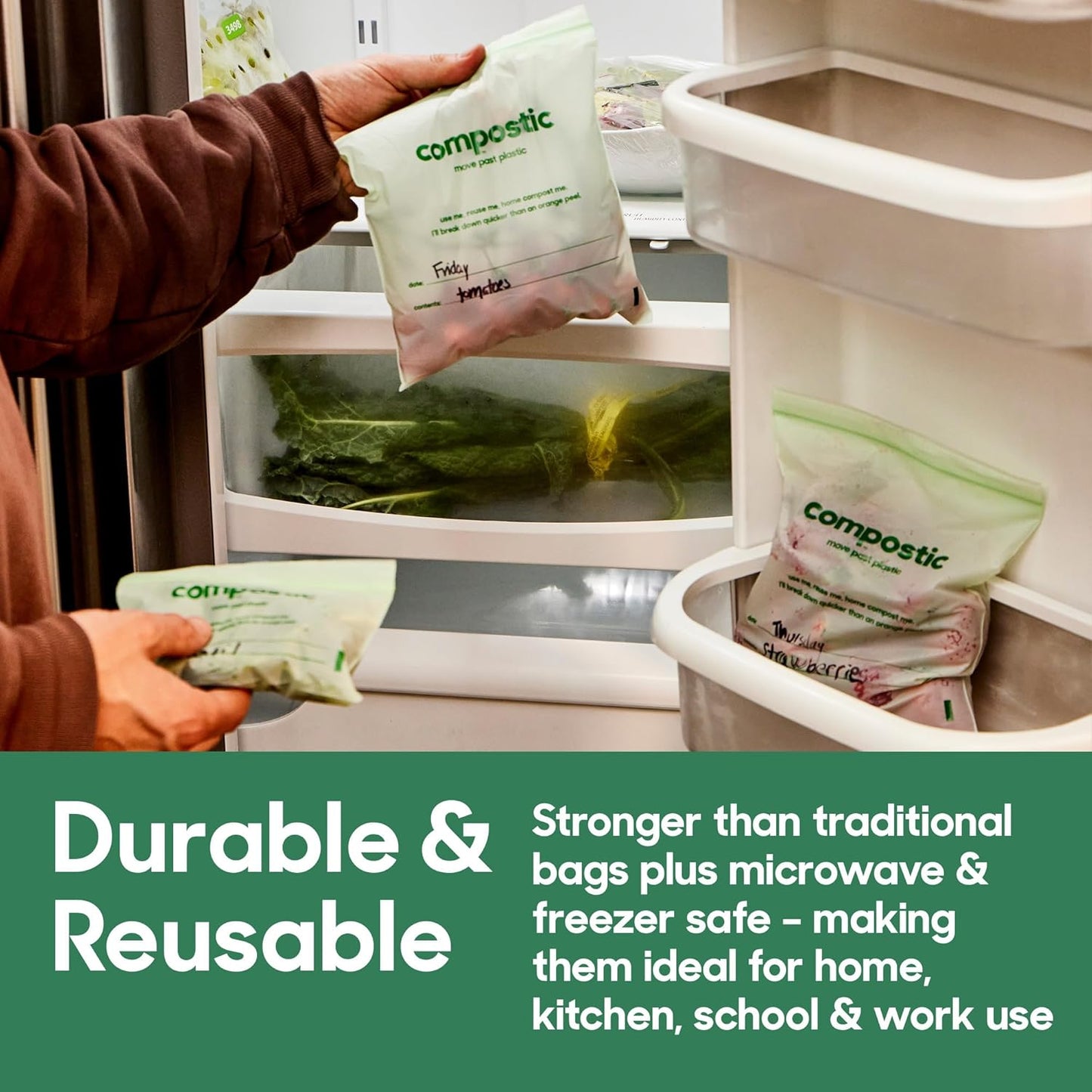 Compostic Home Compostable Resealable Sandwich Bags (7"x7"), Microwave & Freezer Safe, Organic Food Storage Container, 30 Count (Pack of 2)