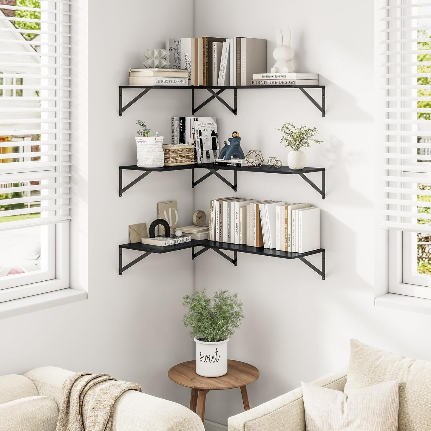 Heimlove 24" W x 12" D Wall Shelves for Books, 12 Inch Deep Floating Shelves Set of 3, Wide Floating Bookshelf with Metal Bracket for Living Room, Kitchen, Office, Bedroom and Decor Storage - Black