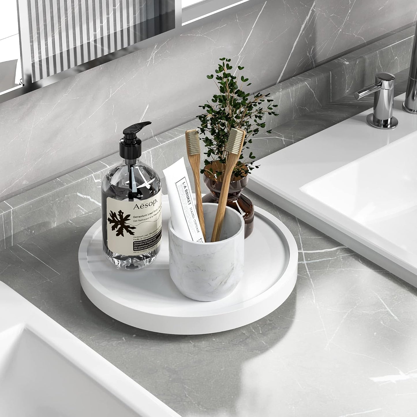 Turntable Vanity Tray 9 Inch for Perfume Candle, Bamboo Kitchen Sink Countertop Organizer for Keep Glass, Sponge and Soap Bathroom Countertop Organizer White