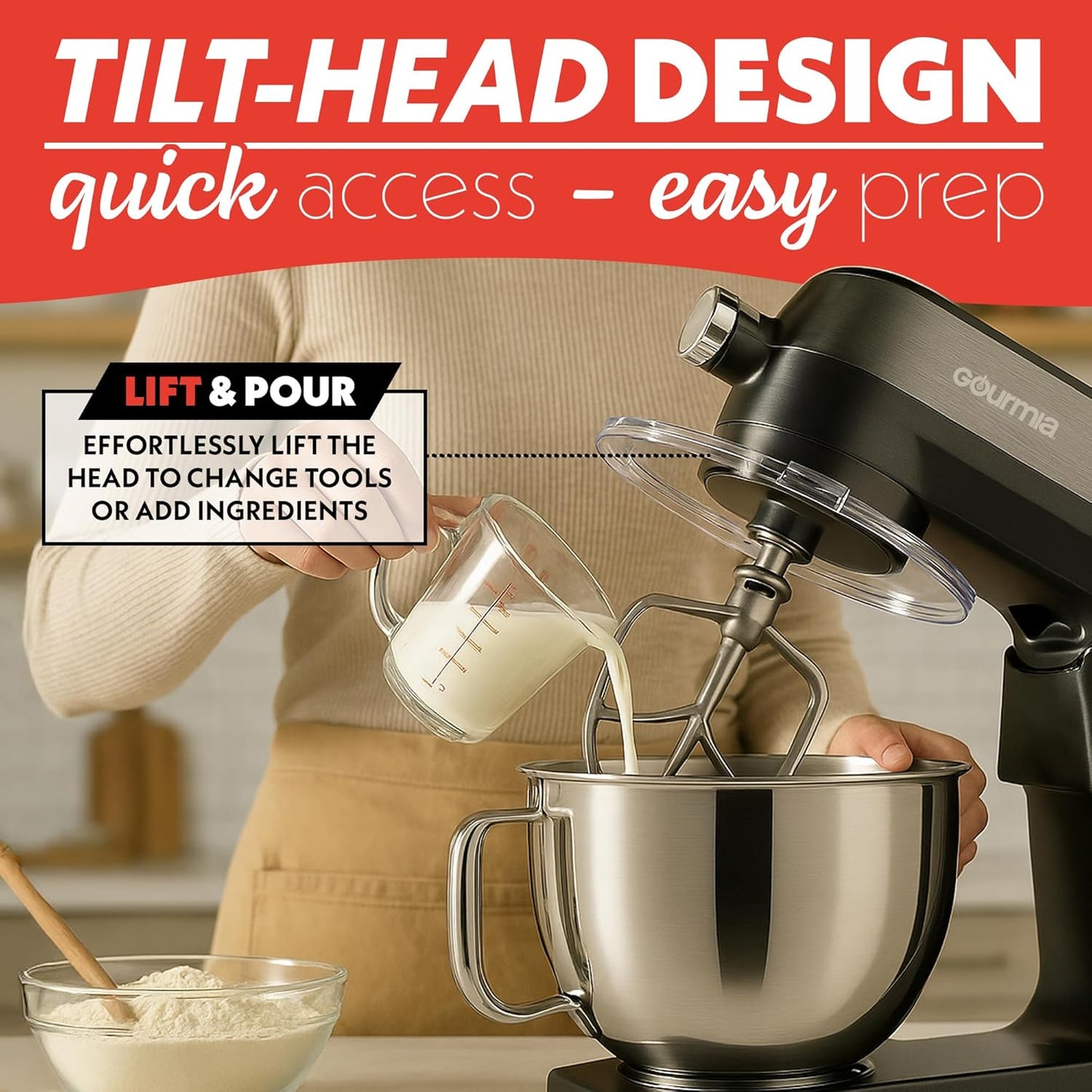 Gourmia 7 Qt Stand Mixer w/Attachments, Bowl Shield, Dough Hook, Whisk & Beater - 10-Speed Heavy Duty Kitchen Countertop Electric Dough Mixer