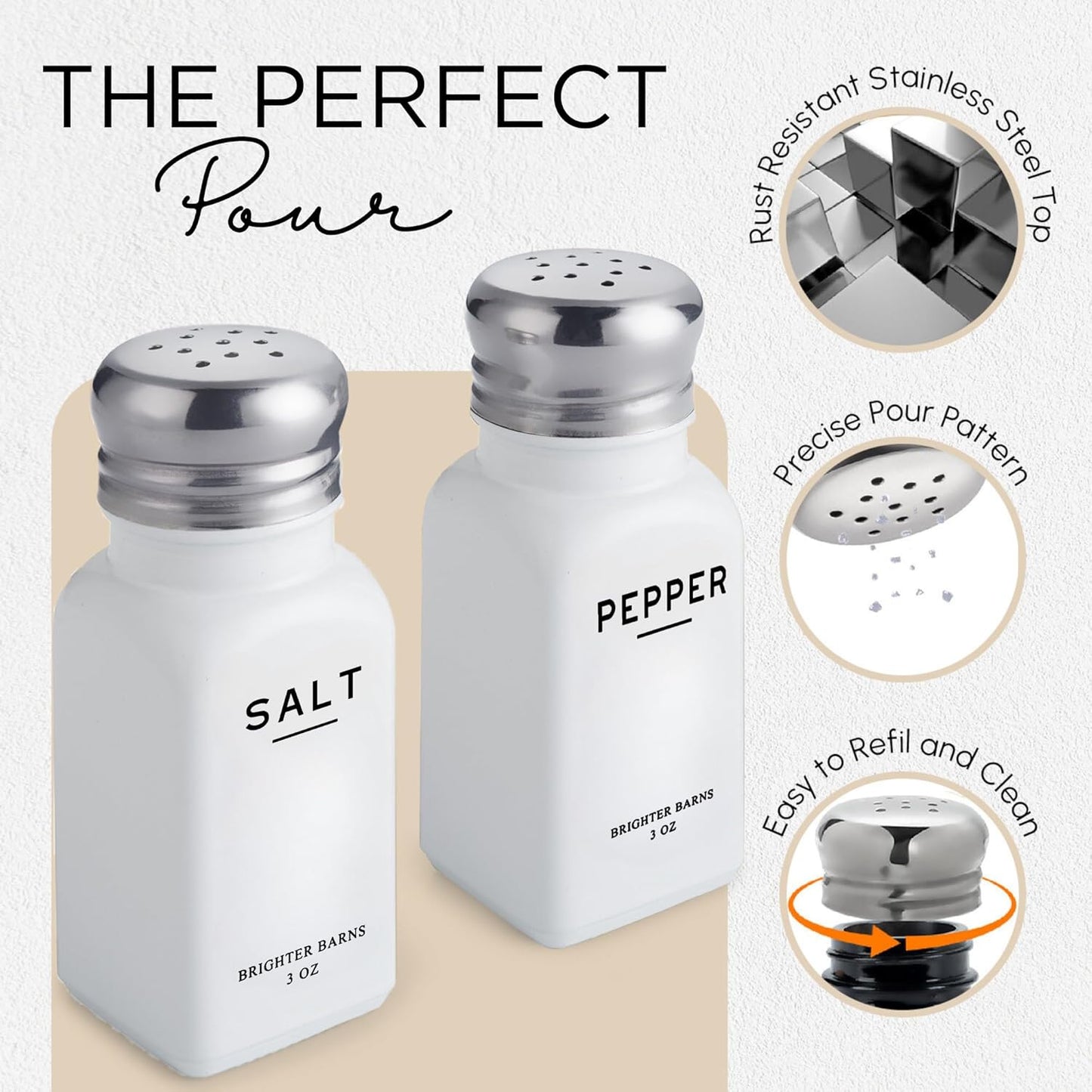 White Salt and Pepper Shakers Set by Brighter Barns - Dining Table Decor, Countertop Accessory - Neutral Minimalist Glass Salt Shaker - Modern Kitchen Accessories for Restaurant, Hotel, Airbnb (White)