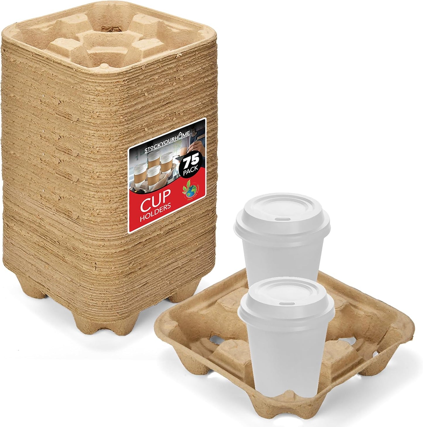4 Cup Disposable Coffee Tray (75 Count), Commercially Compostable Cup Holder, Durable Drink Carrier for Hot or Cold Drinks, to Go Coffee Cup Holder for Food Delivery Service