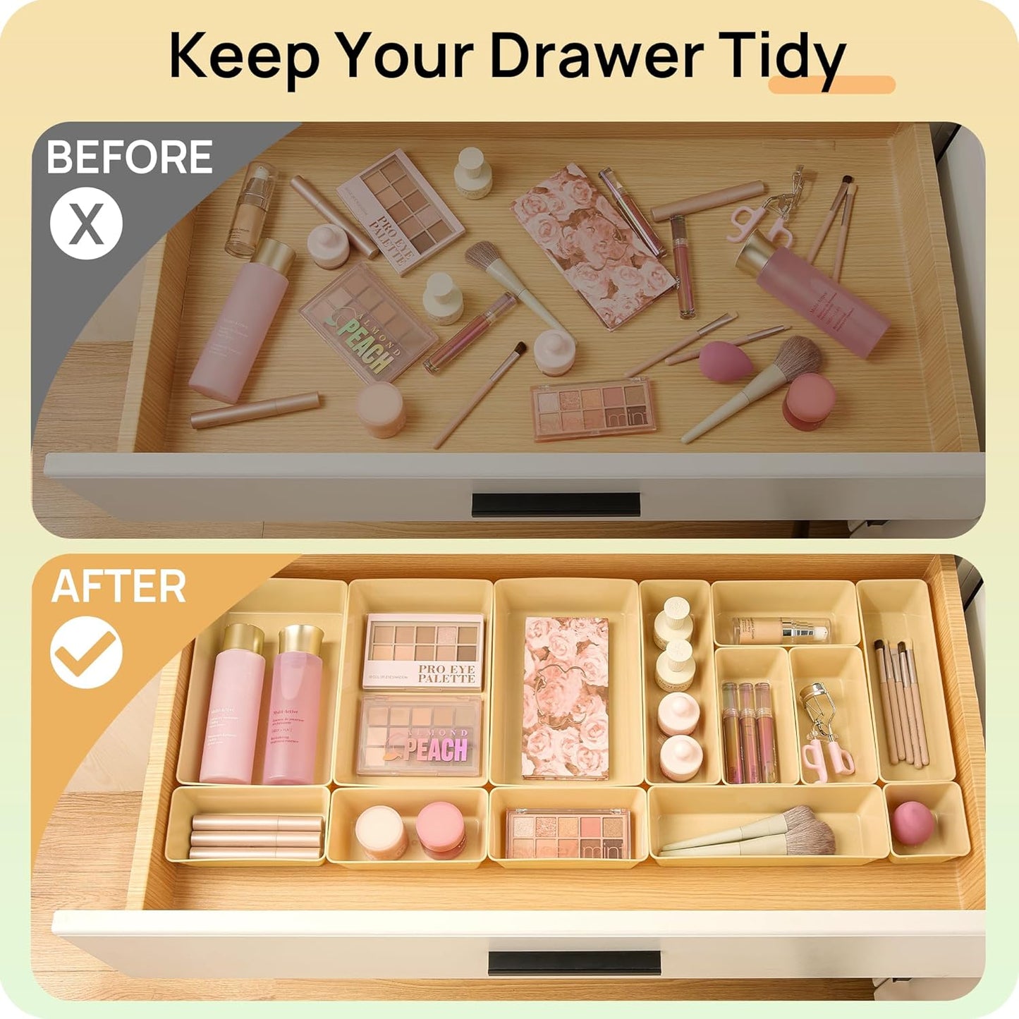 Vtopmart 25 PCS Plastic Drawer Organizers Set, 4-Size Versatile Bathroom and Vanity Drawer Organizer Trays, Storage Bins for Makeup, Bedroom, Kitchen Gadgets Utensils and Office