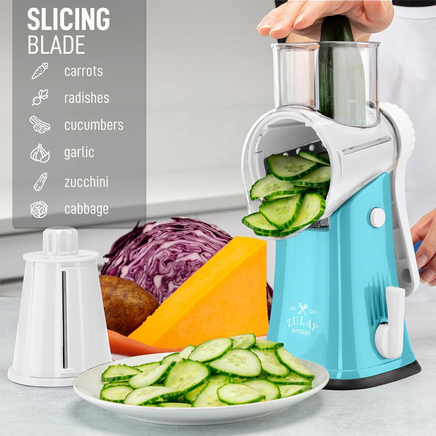 Zulay Kitchen Rotary Cheese Grater 5 Blade Cheese Shredder - Manual Hand Crank Cheese Grater With Reinforced Suction & 5 Interchangeable Drums - Easy to Use, Vegetable Chopper Round Mandoline Slicer
