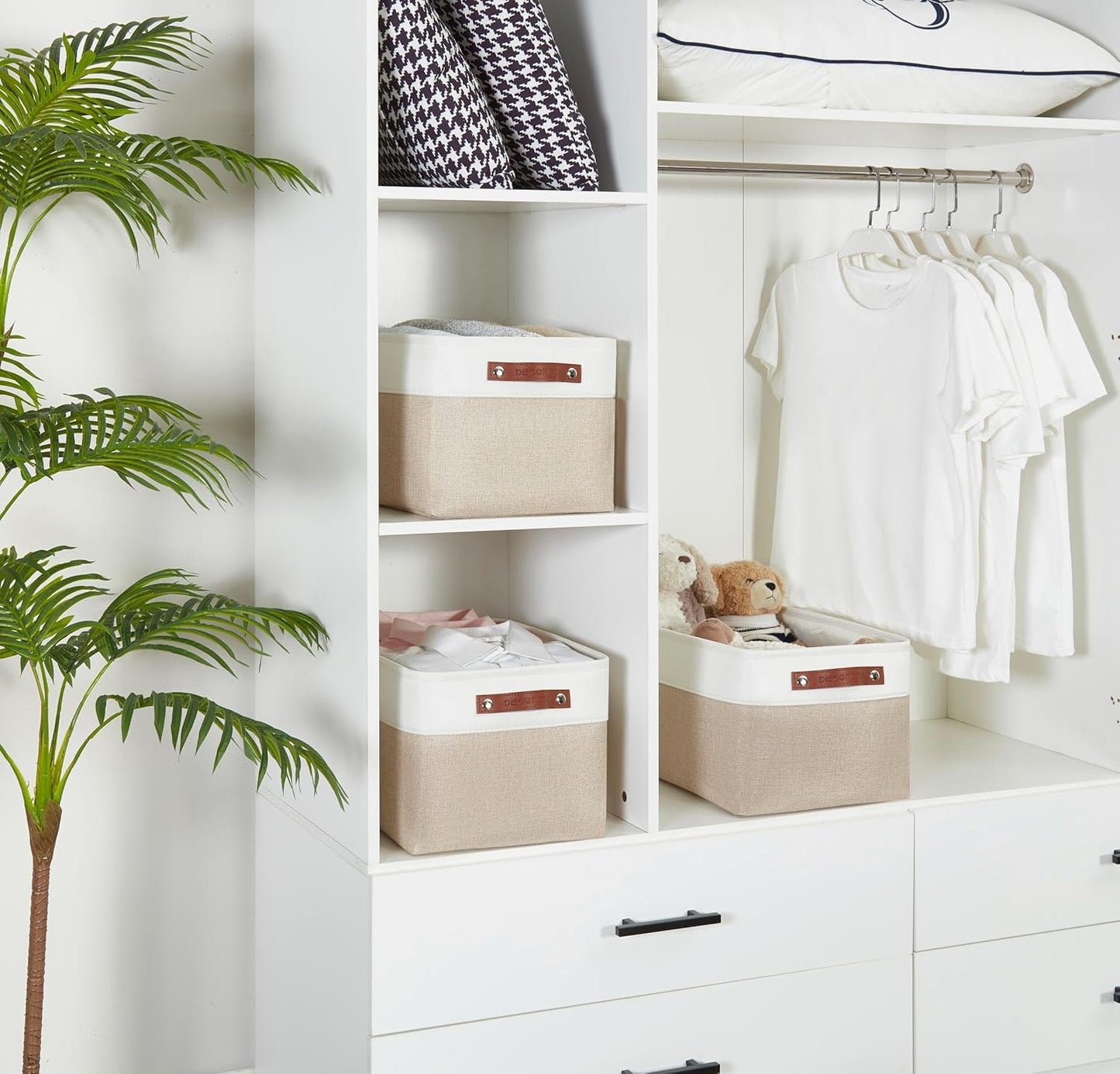 DECOMOMO Storage Baskets for Shelves - Fabric Storage Bins, Linen Closet Organizers and Storage (Beige & White, XL - 3 Pack)