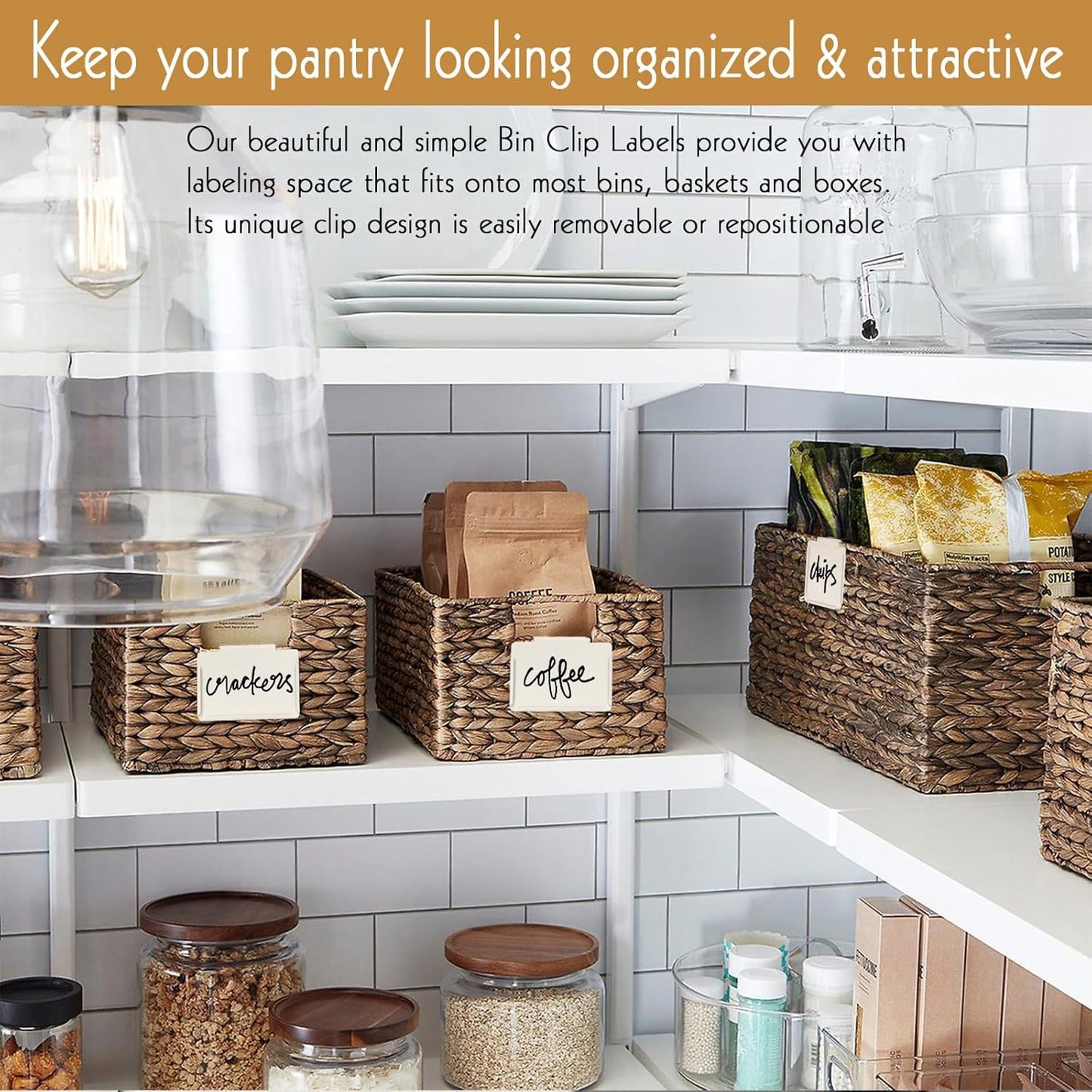 Basket Labels Clip on | Label Holders for Basket or Storage Bins Includes White Chalk Markers (8 Cream Holders + 2 Black Chalk Makers)