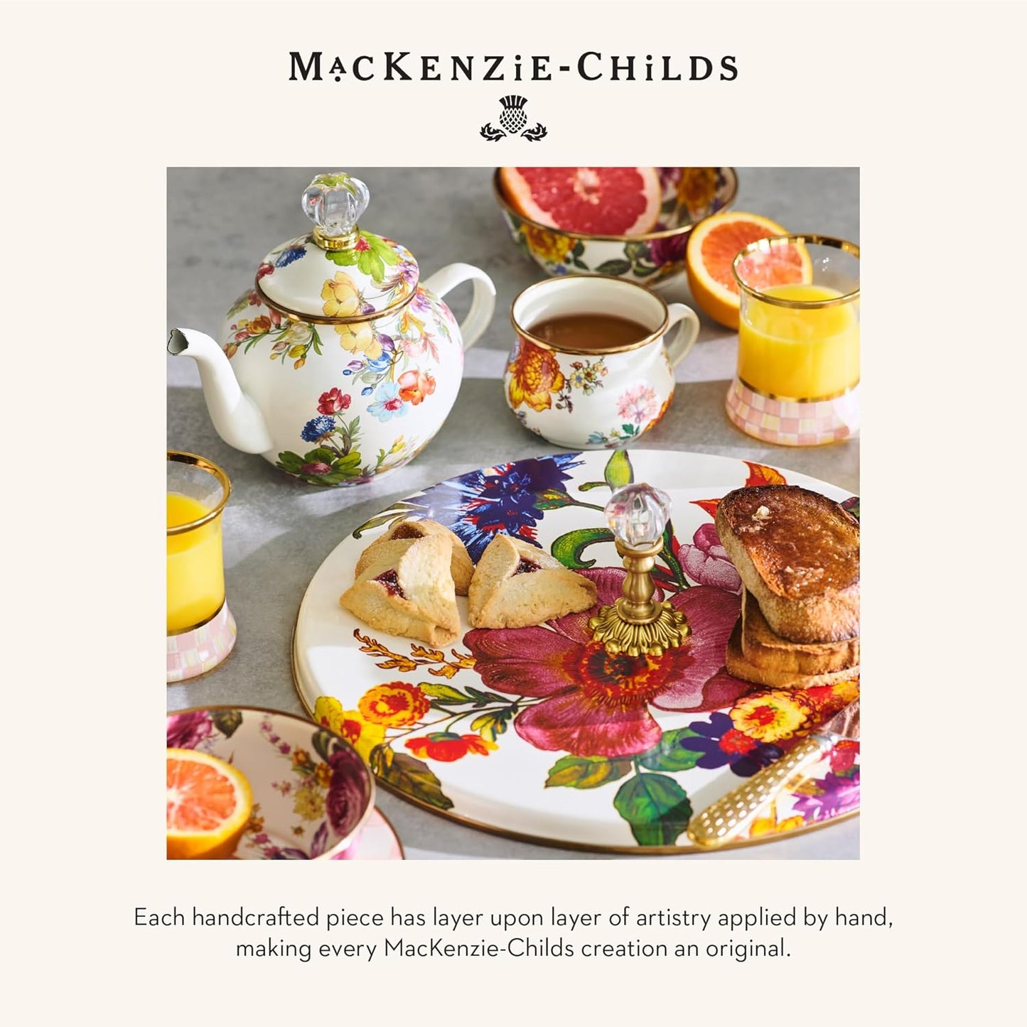 MACKENZIE-CHILDS Enamel Lidded Sugar Bowl, Small Serving Bowl with Lid, 10-Ounce Capacity, White Flower Market