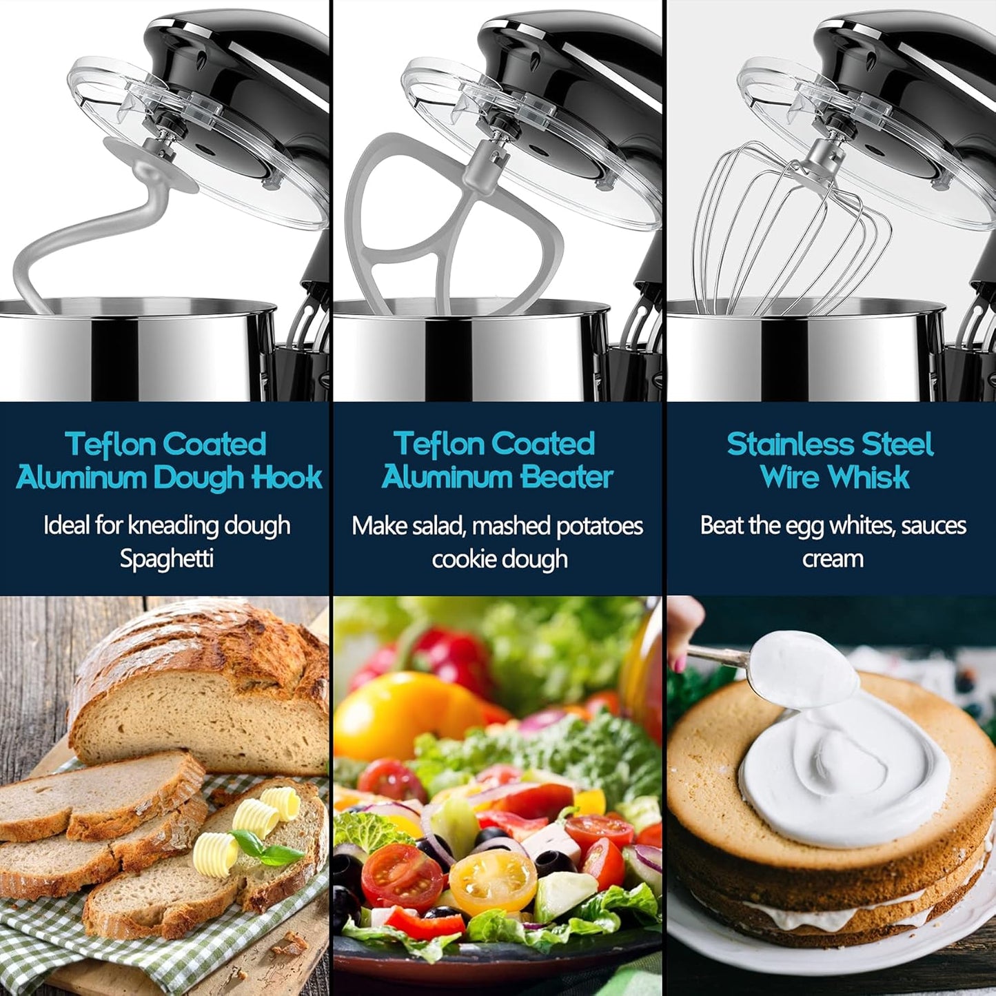 HOWORK 8.5QT Stand Mixer, 660W 6+P Speed Tilt-Head, Electric Kitchen Mixer With Dishwasher-Safe Dough Hook, Beater, Wire Whip & Pouring Shield (8.5 QT, Black)