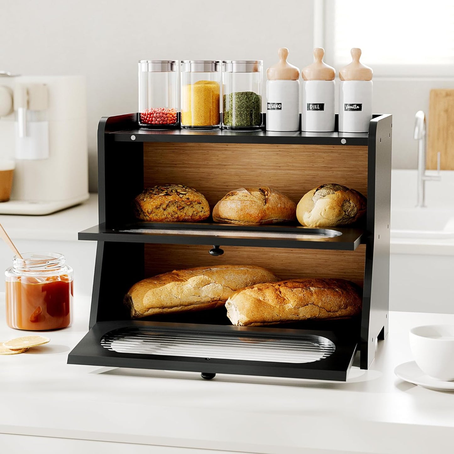 Bread Box for Kitchen Countertop,Double Layer Large Capacity Bamboo Bread Storage Container with Acrylic Wavy Door Panel for Kitchen Counter,Cabinet,Pantry(Black)