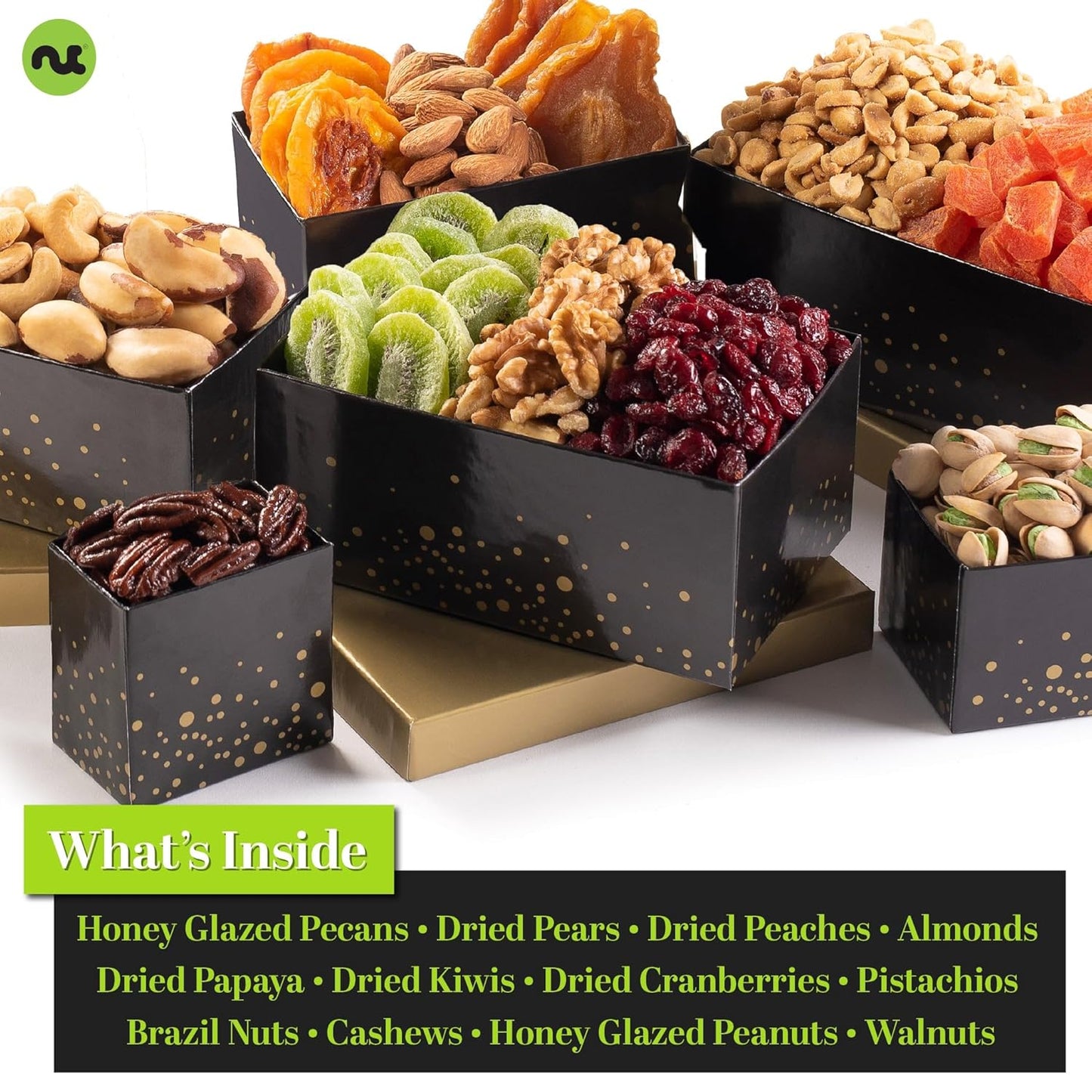 NUT CRAVINGS Gourmet Collection - Sympathy Condolence, Nuts & Dried Fruits Tower Gift Basket, with Sympathy Ribbon + Greeting Card (12 Assortments) Food Arrangement, Healthy Snack, Food Assortments
