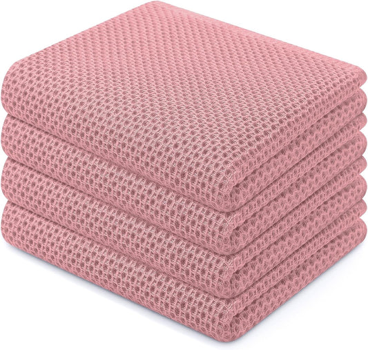 Homaxy 100% Cotton Waffle Weave Kitchen Dish Towels, Ultra Soft Absorbent Quick Drying Cleaning Towel, 13 x 28 Inches, 4-Pack, Dried Rose