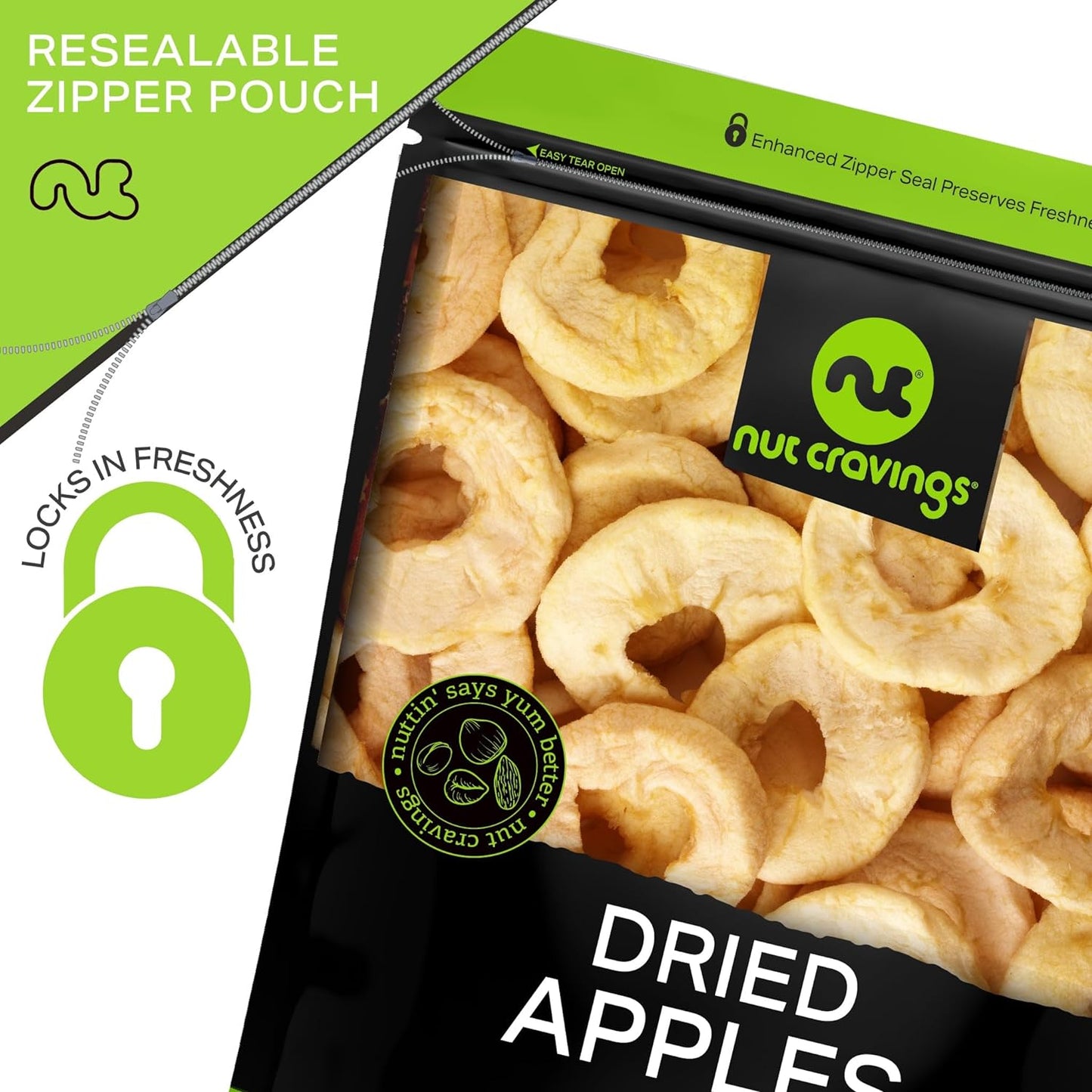 NUT CRAVINGS - Dried Apple Rings Slices, No Sugar Added - Chewy Soft Texture (16oz, 1 LB) Bulk Dry Fruits Packed Fresh in Resealable Bag - Sweet Healthy Snack, Naturally Grown, Vegan, Kosher