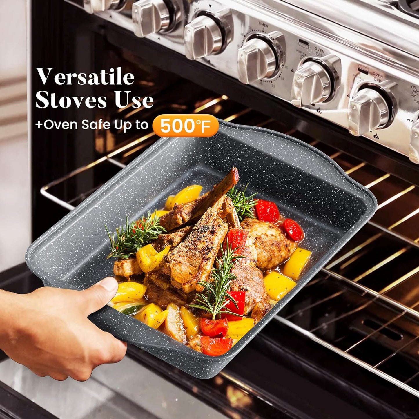 Kitchen Academy Granite Nonstick Cookware Set - 17 Piece Gray Cooking Pans Set, Induction Pots and Pans Set Non Stick, PFOA & PFOS Free.