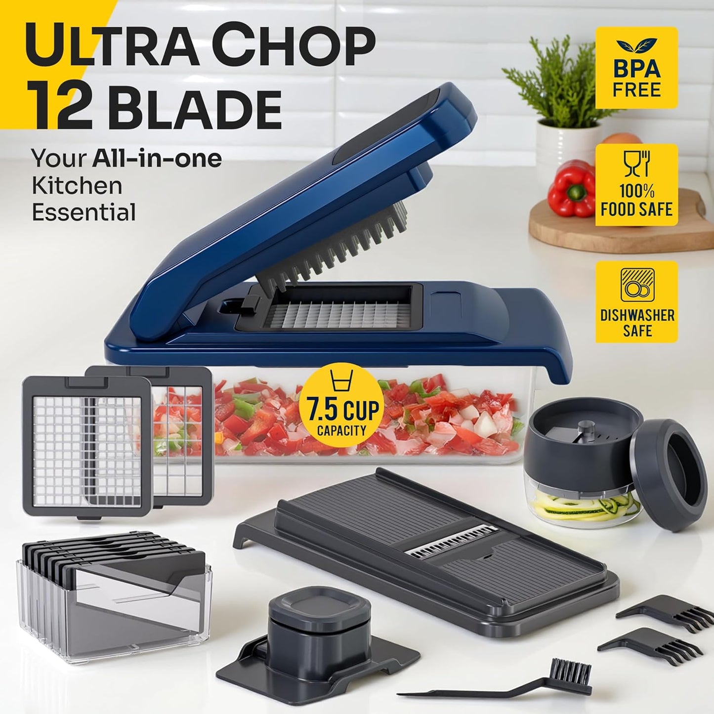UltraChop All-in-One Vegetable Chopper, Veggie Food Chopper with Container, Spiralizer, Mandoline Slicer Dicer, Onion Mincer, French Fry And Salad Cutter, Home Essentials & Kitchen Gadgets