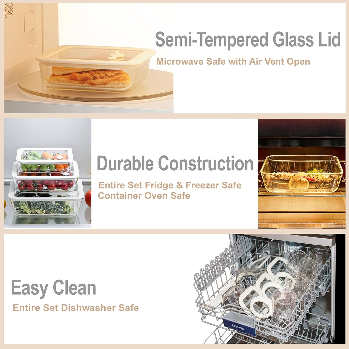 Urban Green Glass Food Container Set with Silicone Glass Lid, Large Size 3 Pack, Meal Prep Food Storage Containers with Airtight Lids, Leakproof, 100% Plastic Free, White color