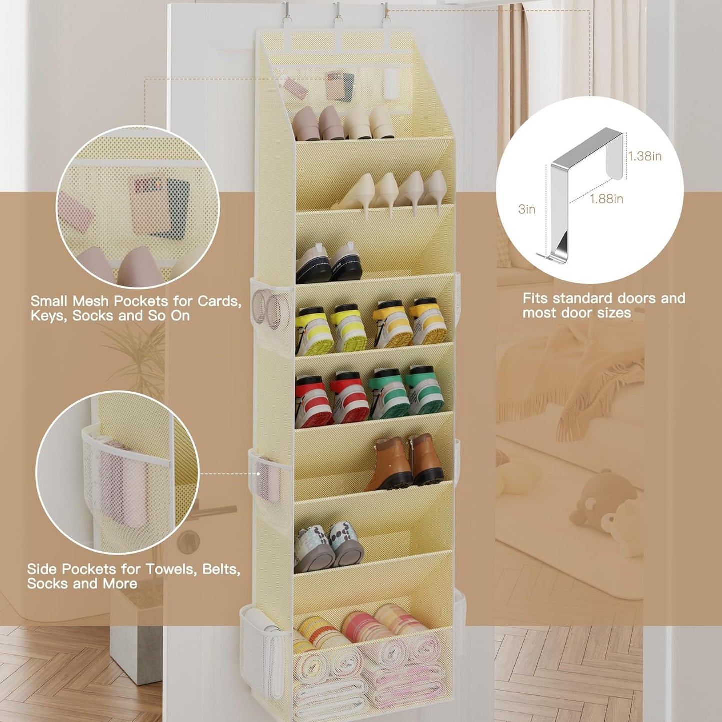 Criusia Shoe Storage, Over the Door Shoe Organizer, Hanging Closet Shoe Storage with Large Deep Pockets, Fits 16–24 Pairs of Sneakers, Sandals, Boots, Beige
