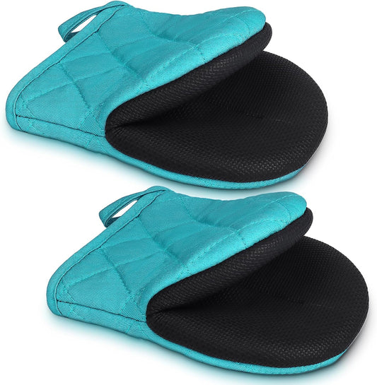 1 Pair Short Oven Mitts - Silicone Kitchen Oven Gloves High Heat Resistant 500℉, Mini Oven Mits with Non-Slip Grip Surfaces and Hanging Loop for BBQ, Baking, Cooking and Grilling (Coral Blue)