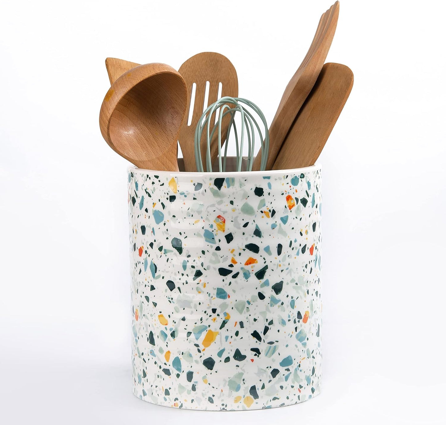 Kitchen Utensil Holder,7.2″Extra Large Stable Terrazzo Marble Pattern Ceramic Utensil Crock,Utensil Organizer for Countertop,Kitchen Decor,Utensil Holder for Housewarming,Wedding Gift Blue