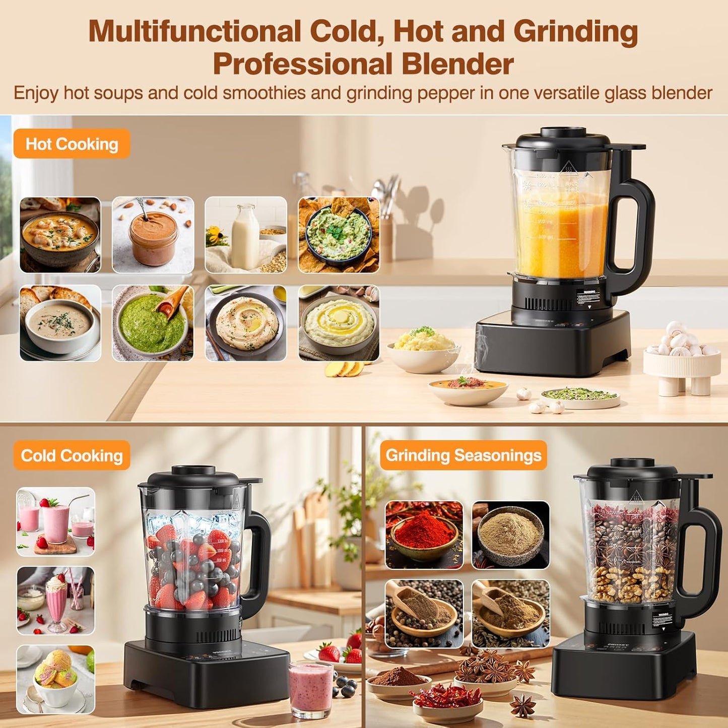 Blenders for Kitchen with Heating, PRASKY 1000W 55oz Glass Blender, 25000 RPM High Speed Professional Blender for Smoothies Shake Juice, Keep Warm & Auto Clean for Ice Crushing Soups Sauces (Black)